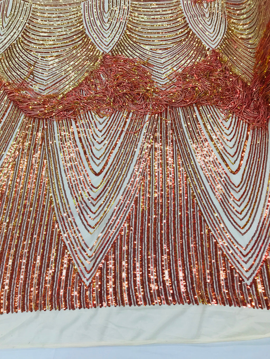 Fringe Sequins - Iridescent Orange - Dangle 4 Way Stretch Fancy Sequins Fabric Sold By The Yard