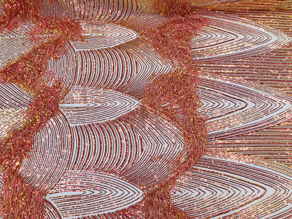 Fringe Sequins - Iridescent Orange - Dangle 4 Way Stretch Fancy Sequins Fabric Sold By The Yard