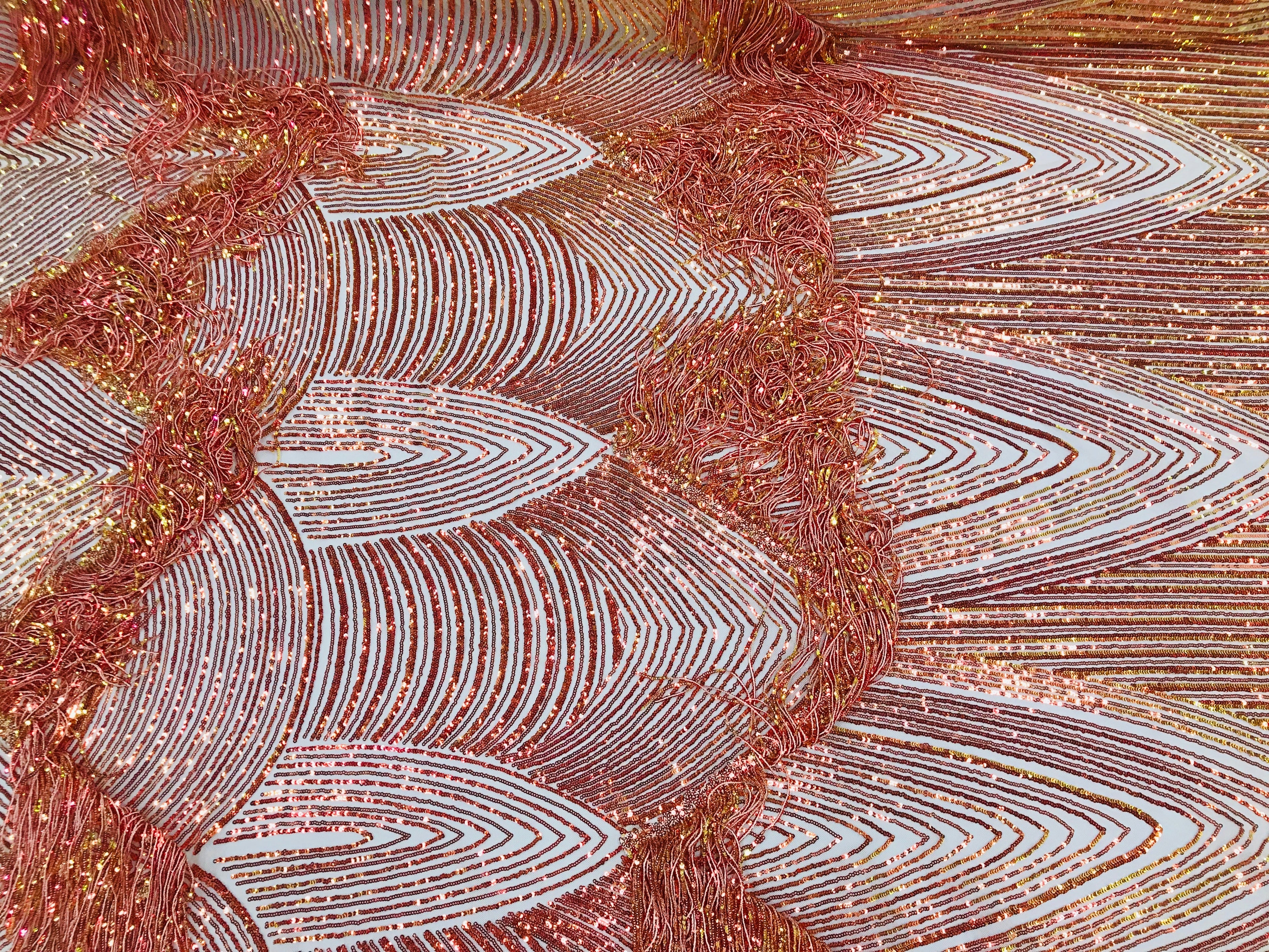 Fringe Sequins - Iridescent Orange - Dangle 4 Way Stretch Fancy Sequins Fabric Sold By The Yard