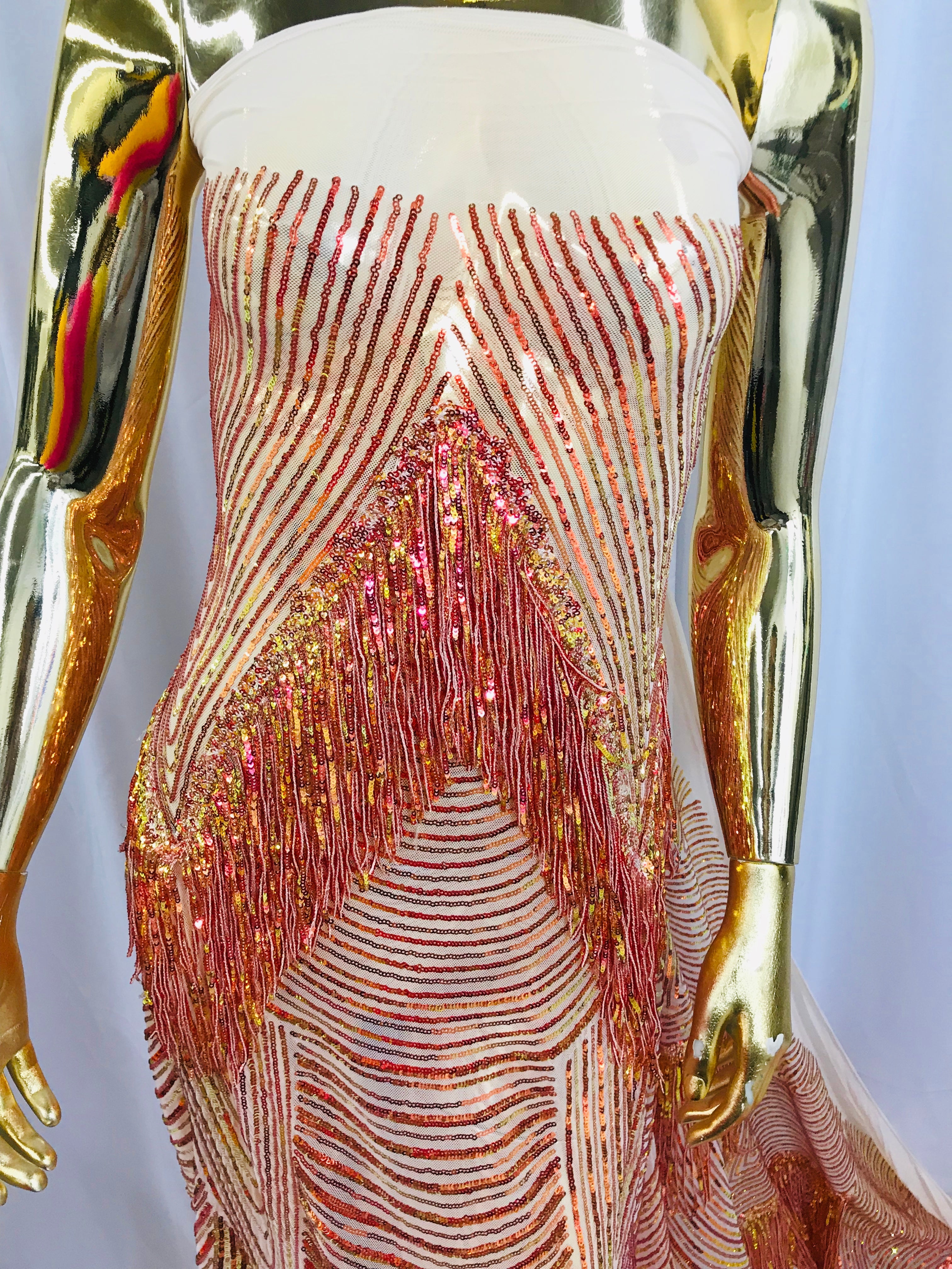 Fringe Sequins - Iridescent Orange - Dangle 4 Way Stretch Fancy Sequins Fabric Sold By The Yard