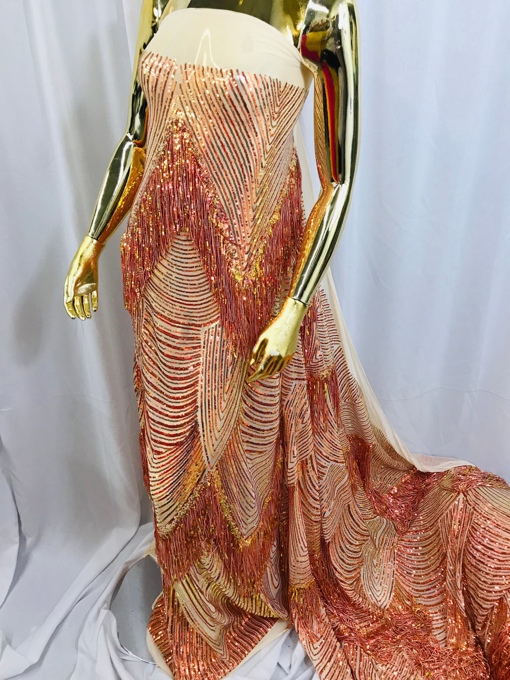 Fringe Sequins - Iridescent Orange - Dangle 4 Way Stretch Fancy Sequins Fabric Sold By The Yard