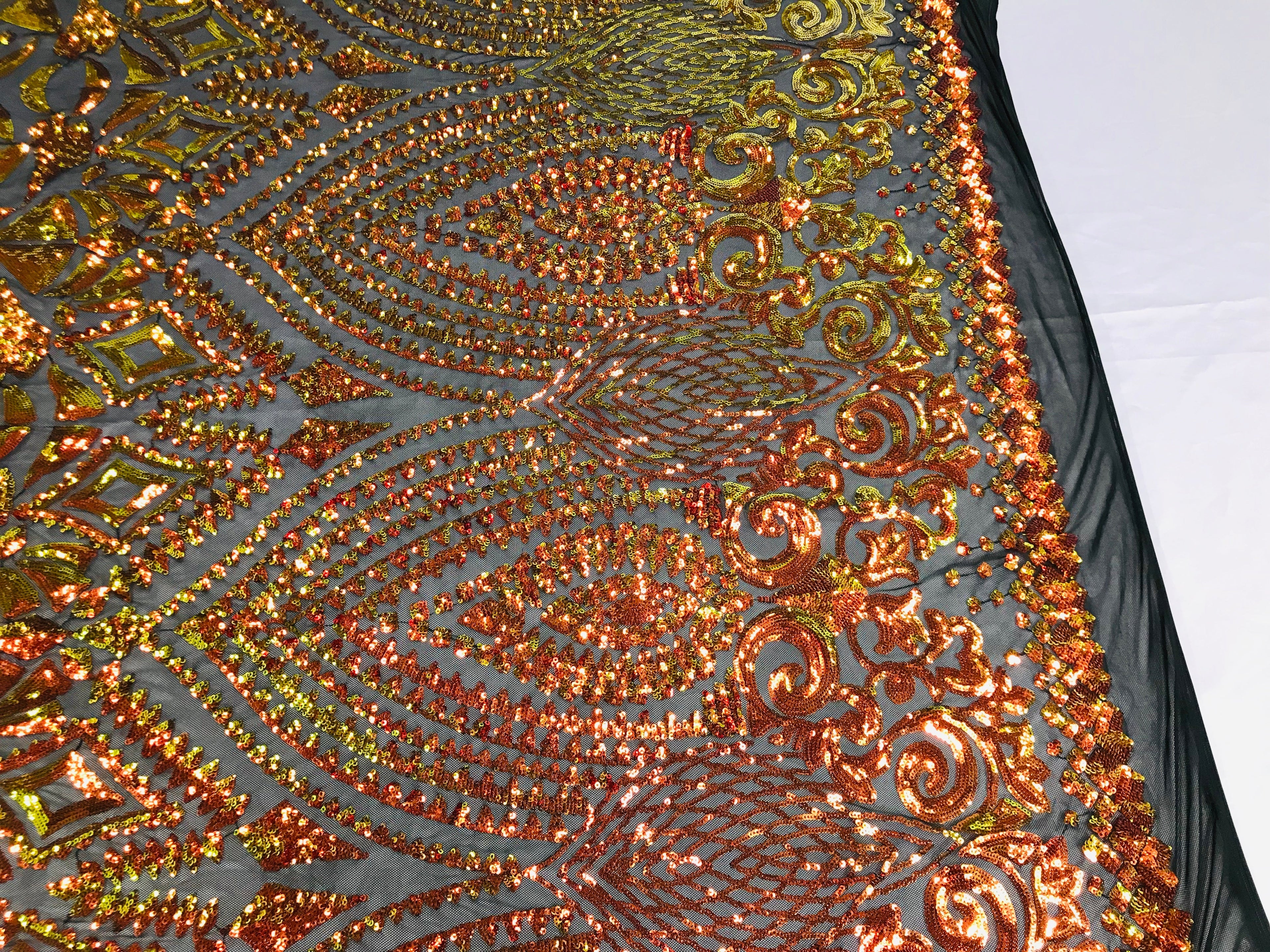 Shiny Pattern Sequins - Orange / Black Mesh - 4 Way Stretch Multi Pattern Net Design Fabric