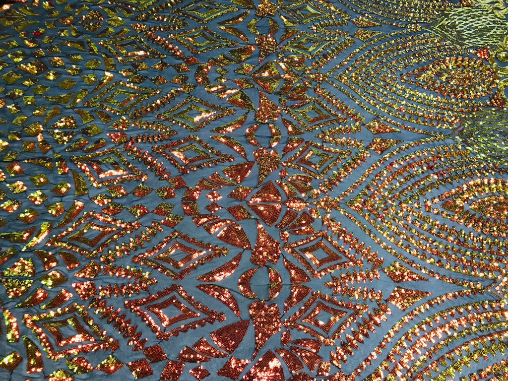 Shiny Pattern Sequins - Iridescent Aqua - 4 Way Stretch Multi Pattern Net Design Fashion Fabric