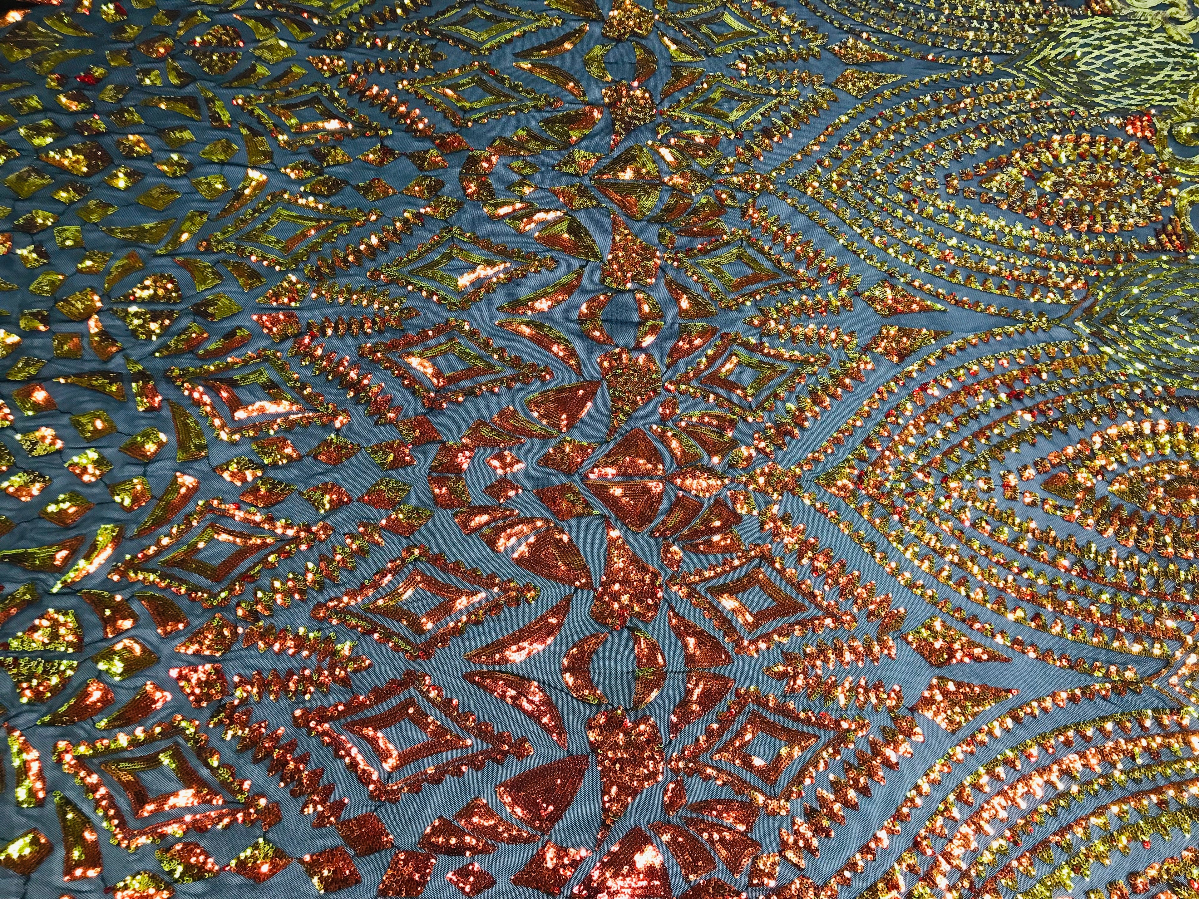 Shiny Pattern Sequins - Iridescent Aqua - 4 Way Stretch Multi Pattern Net Design Fashion Fabric