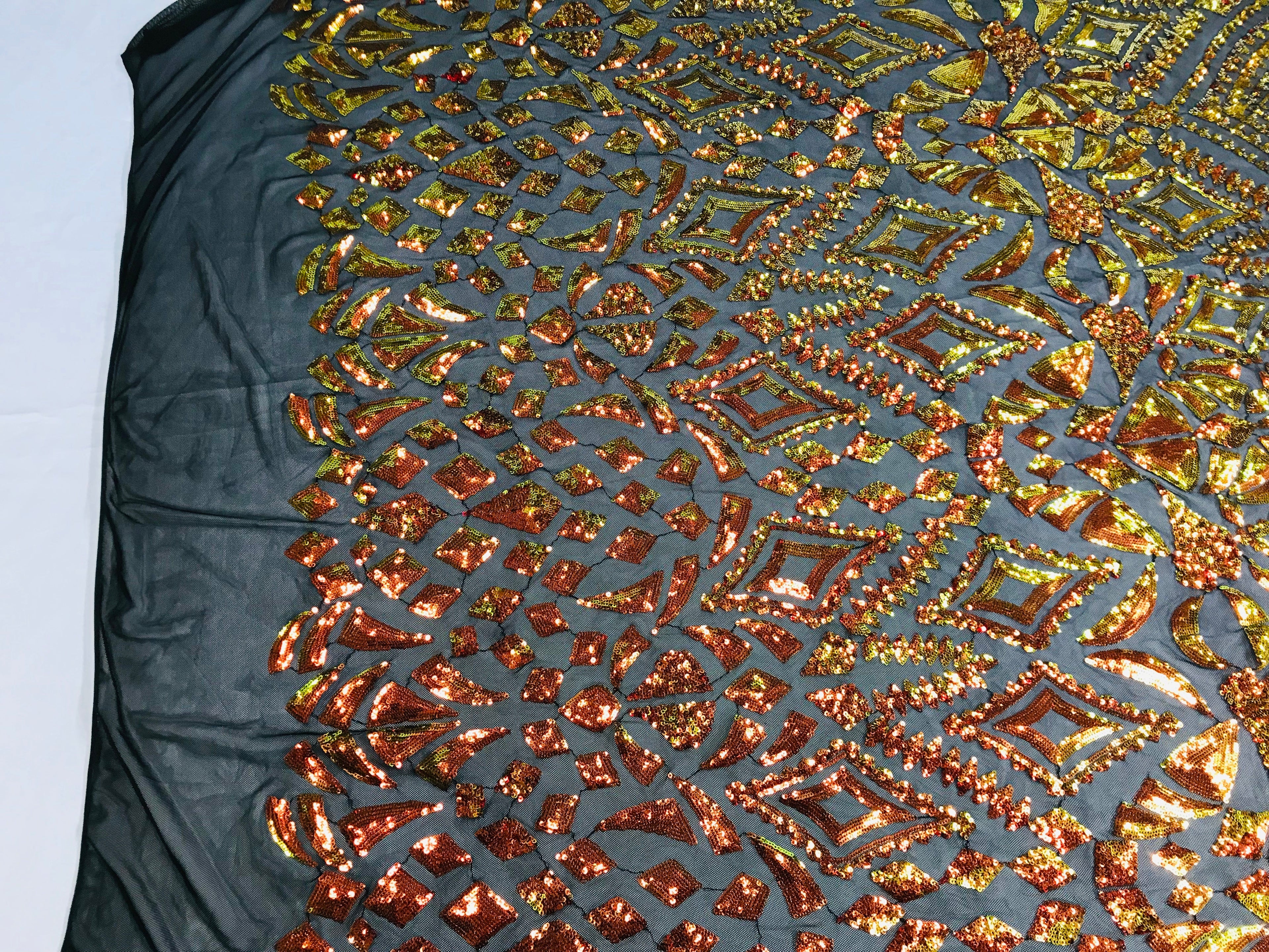 Shiny Pattern Sequins - Orange / Black Mesh - 4 Way Stretch Multi Pattern Net Design Fabric