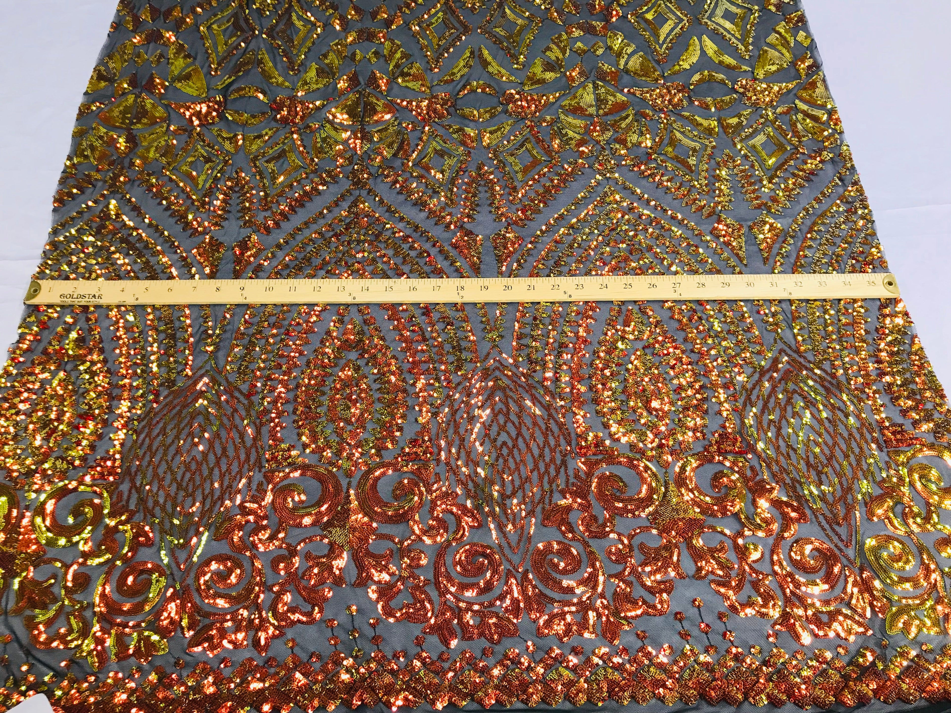 Shiny Pattern Sequins - Orange / Black Mesh - 4 Way Stretch Multi Pattern Net Design Fabric