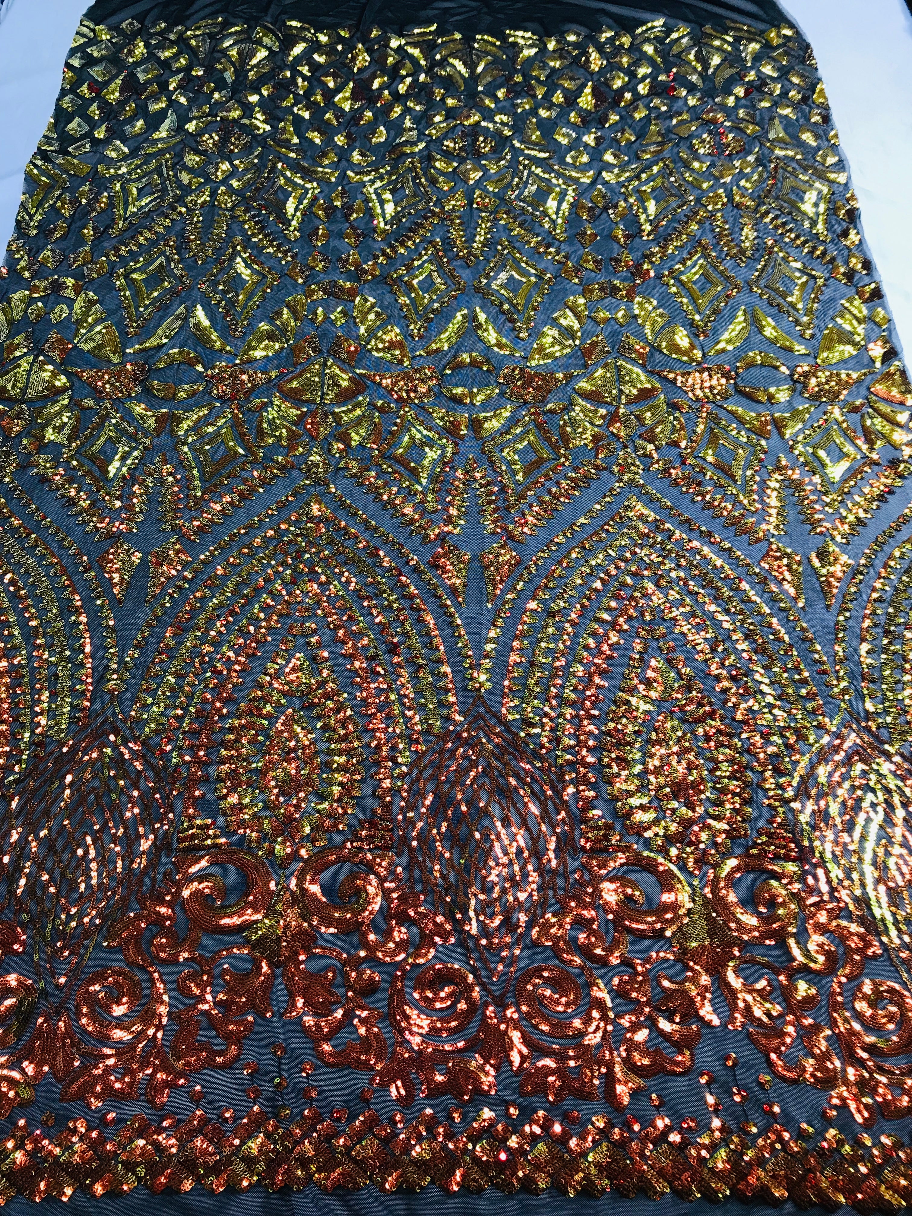 Shiny Pattern Sequins - Orange / Black Mesh - 4 Way Stretch Multi Pattern Net Design Fabric