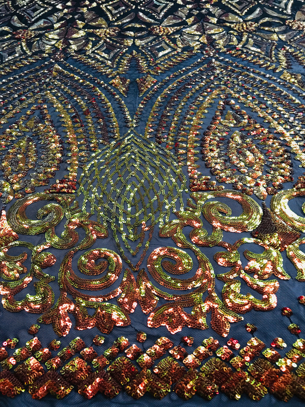 Shiny Pattern Sequins - Orange / Black Mesh - 4 Way Stretch Multi Pattern Net Design Fabric