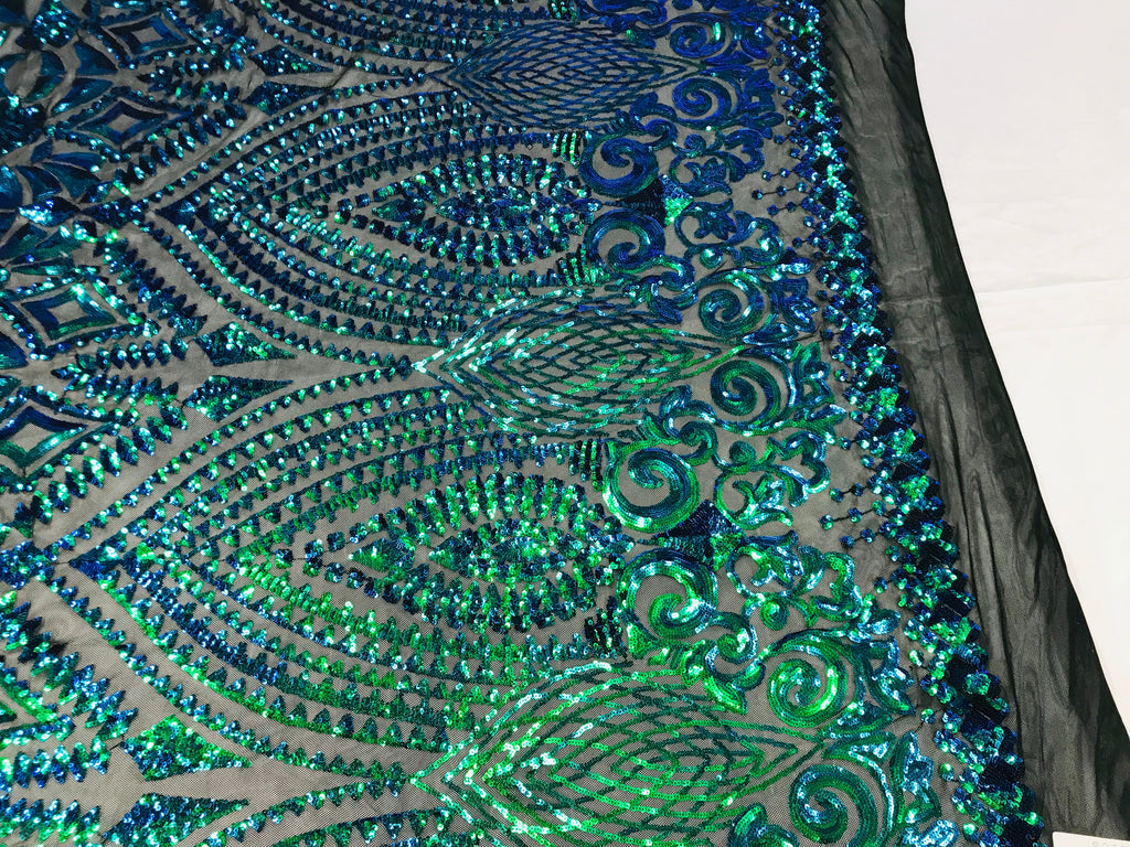 Shiny Pattern Sequins - Jade Blue / Green - 4 Way Stretch Multi Pattern Net Design Fabric