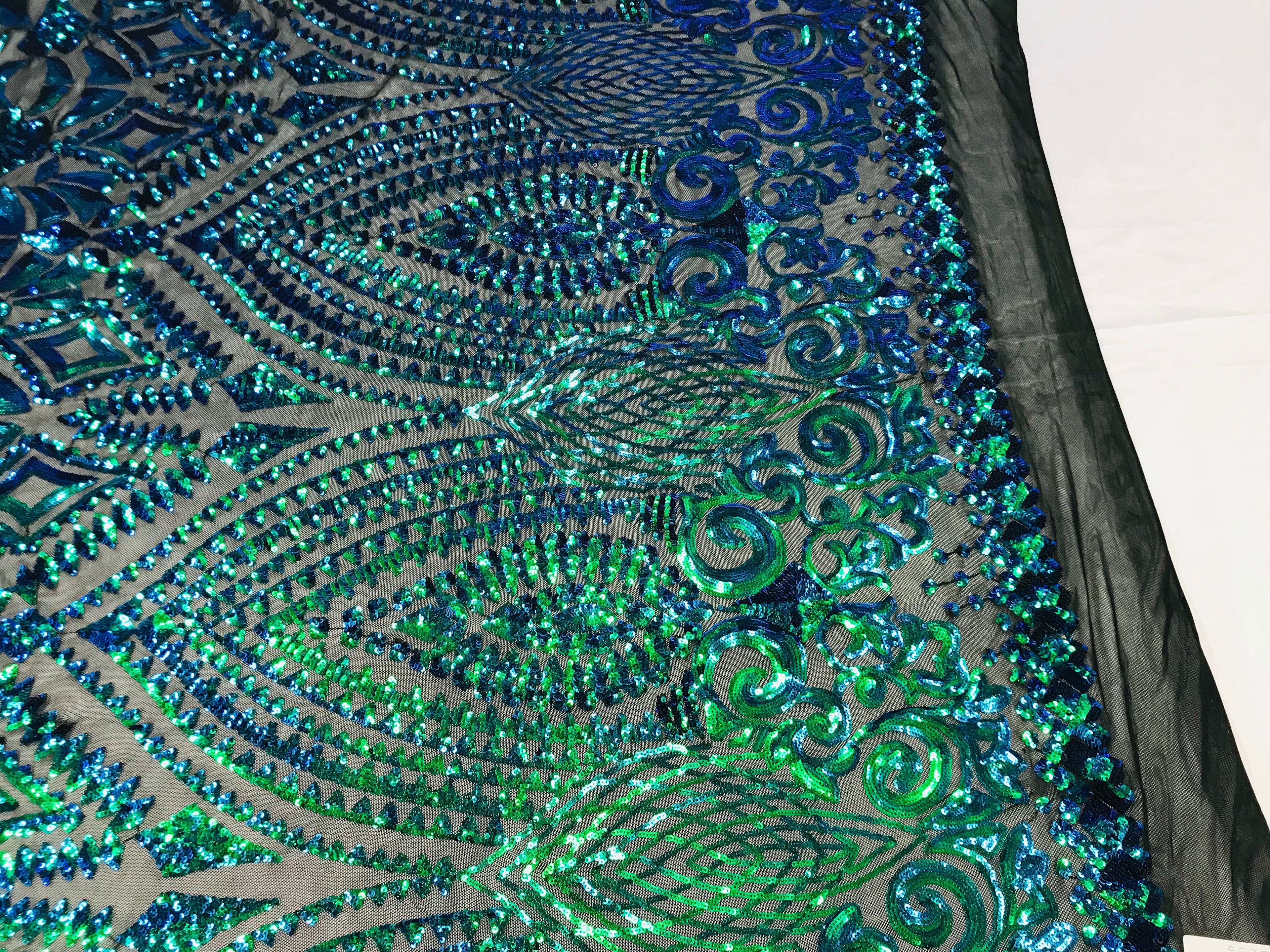 Shiny Pattern Sequins - Jade Blue / Green - 4 Way Stretch Multi Pattern Net Design Fabric