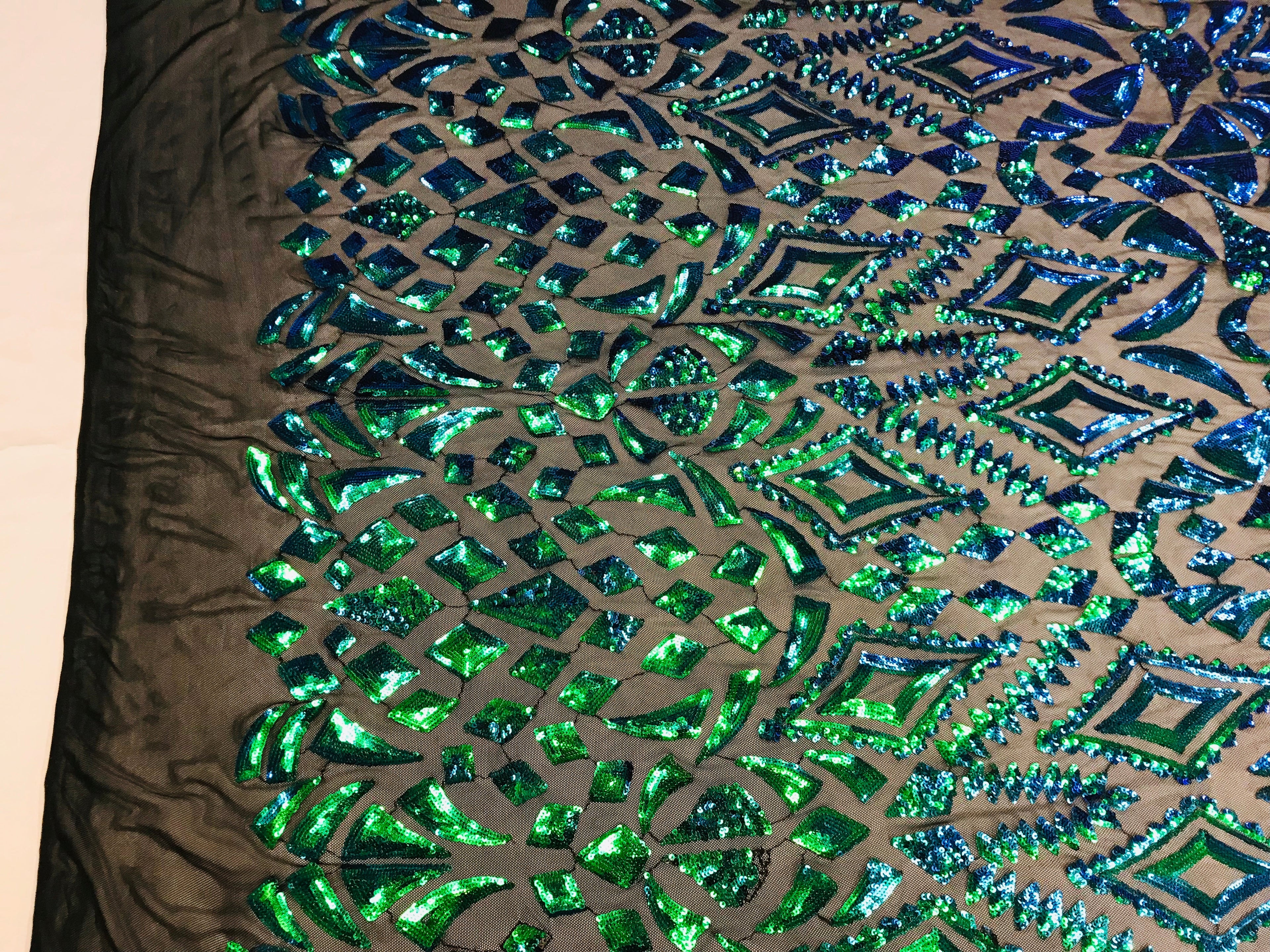 Shiny Pattern Sequins - Jade Blue / Green - 4 Way Stretch Multi Pattern Net Design Fabric