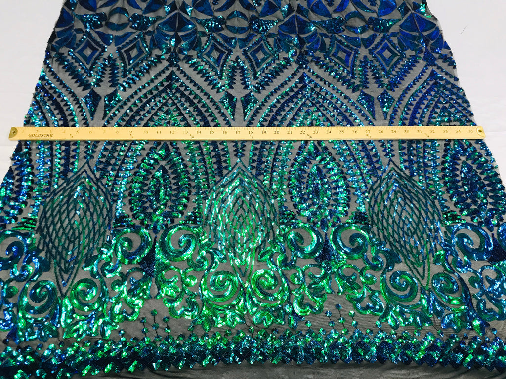 Shiny Pattern Sequins - Jade Blue / Green - 4 Way Stretch Multi Pattern Net Design Fabric