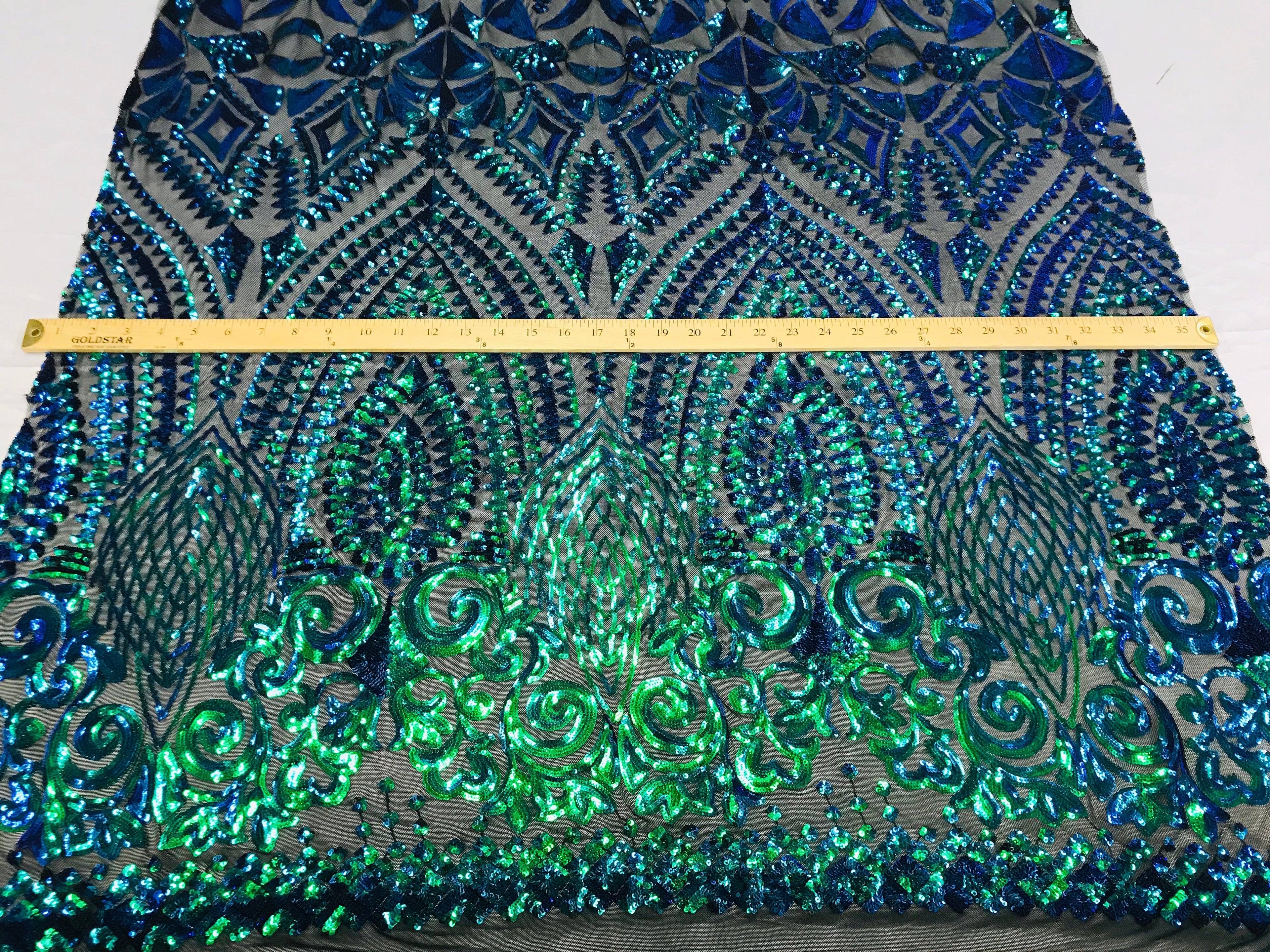 Shiny Pattern Sequins - Jade Blue / Green - 4 Way Stretch Multi Pattern Net Design Fabric