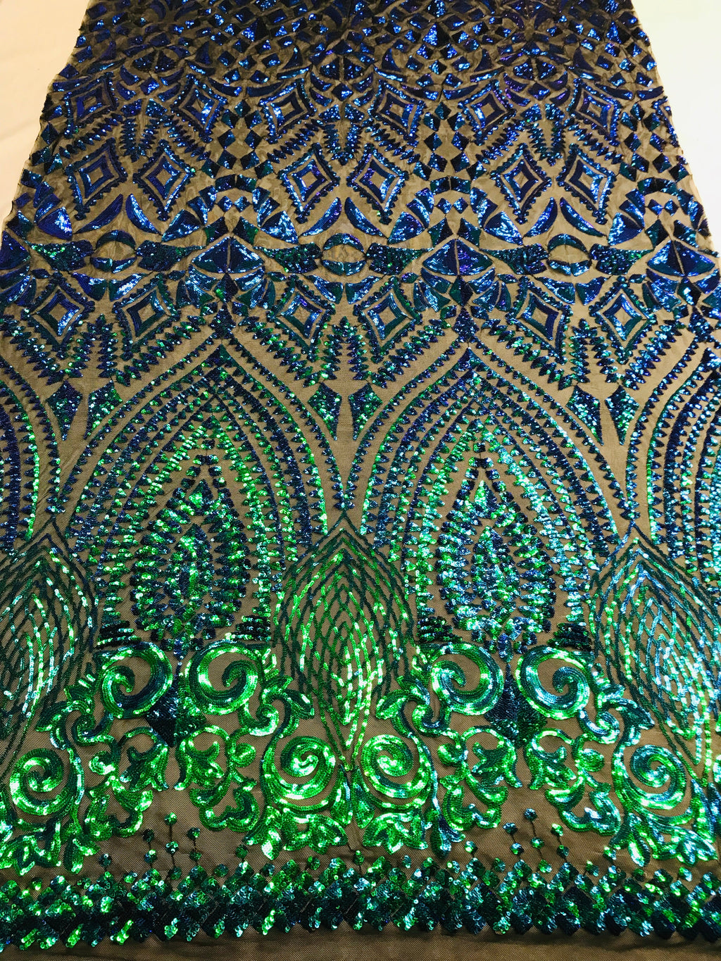 Shiny Pattern Sequins - Jade Blue / Green - 4 Way Stretch Multi Pattern Net Design Fabric