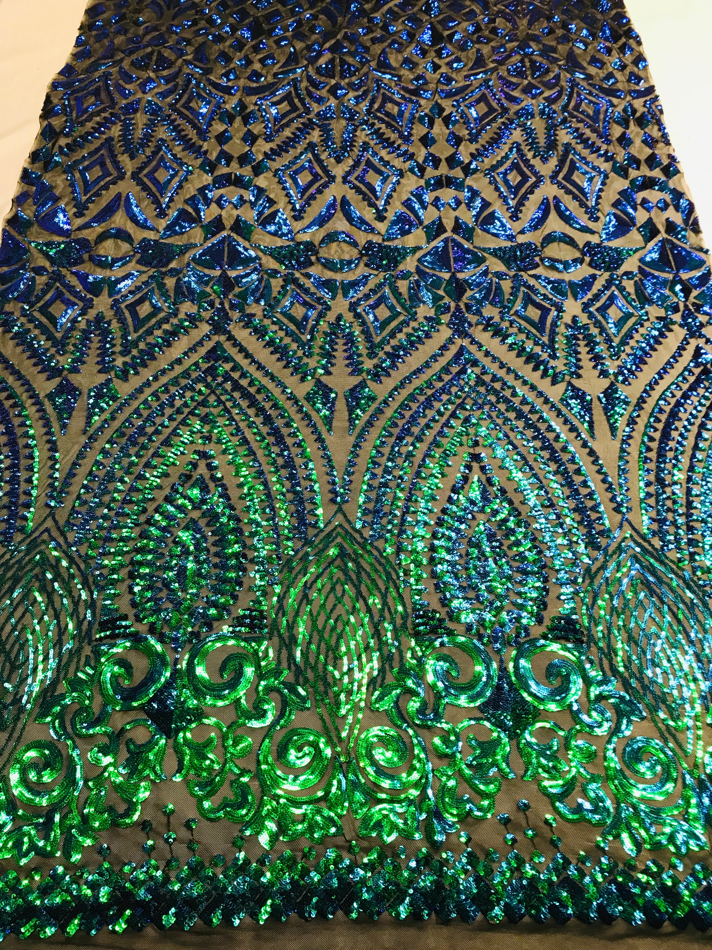 Shiny Pattern Sequins - Jade Blue / Green - 4 Way Stretch Multi Pattern Net Design Fabric