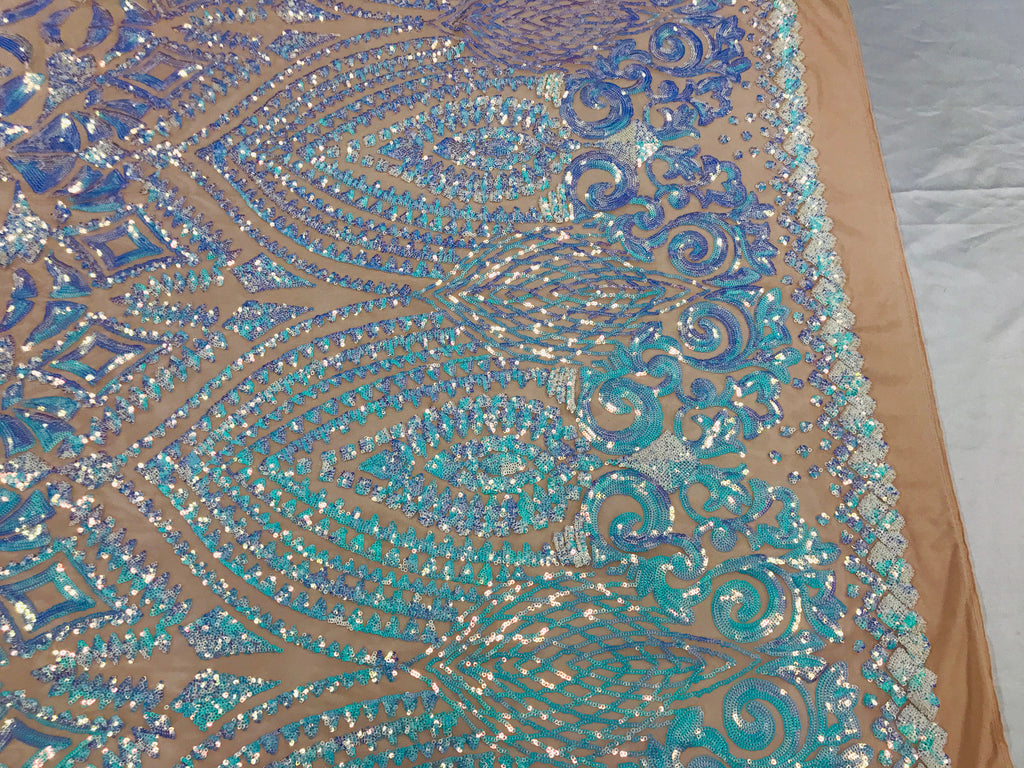 Shiny Pattern Sequins - Iridescent Aqua - 4 Way Stretch Multi Pattern Net Design Fashion Fabric