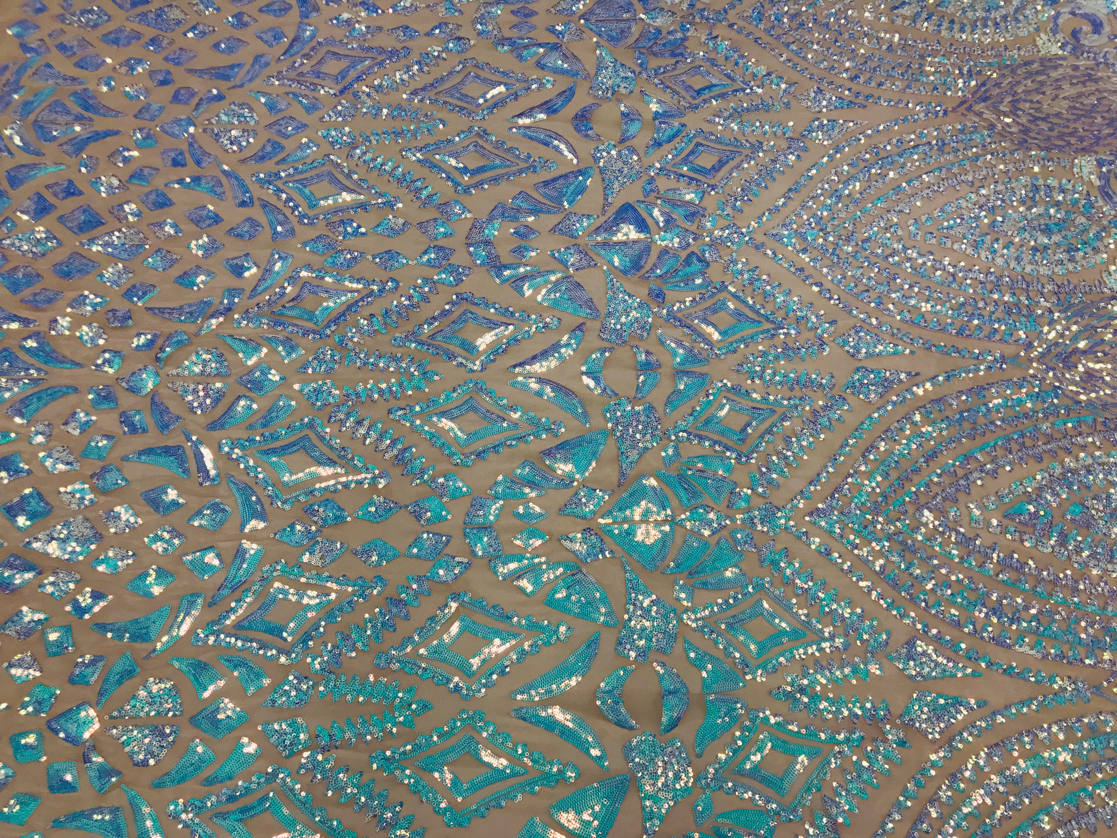 Shiny Pattern Sequins - Iridescent Aqua - 4 Way Stretch Multi Pattern Net Design Fashion Fabric