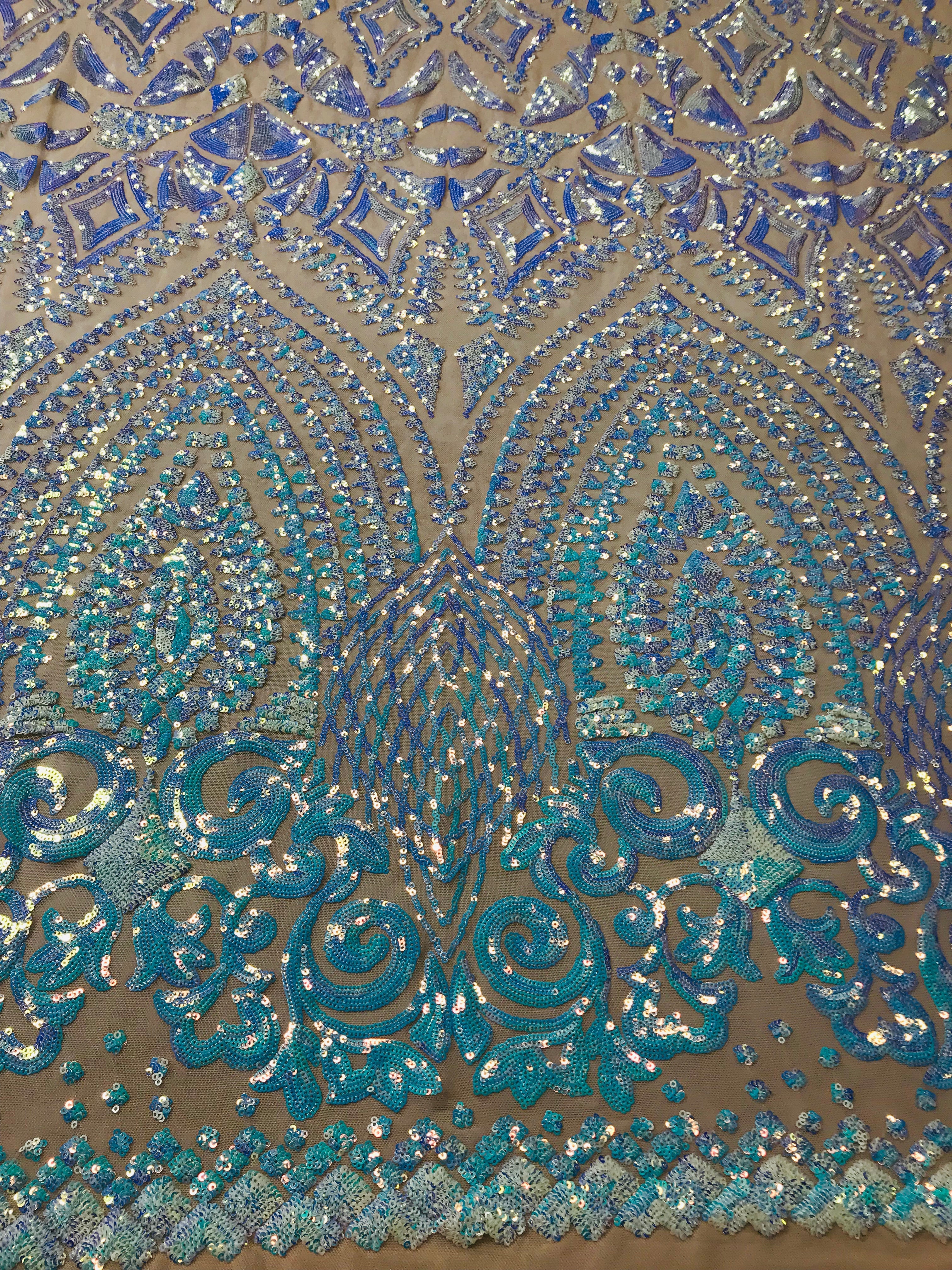 Shiny Pattern Sequins - Iridescent Aqua - 4 Way Stretch Multi Pattern Net Design Fashion Fabric