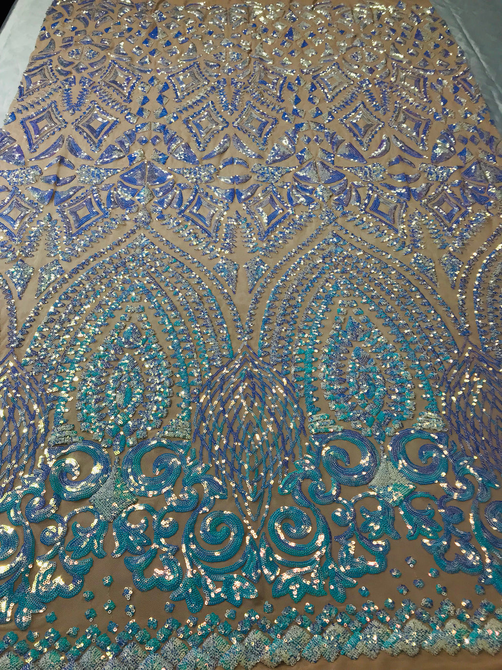 Shiny Pattern Sequins - Iridescent Aqua - 4 Way Stretch Multi Pattern Net Design Fashion Fabric
