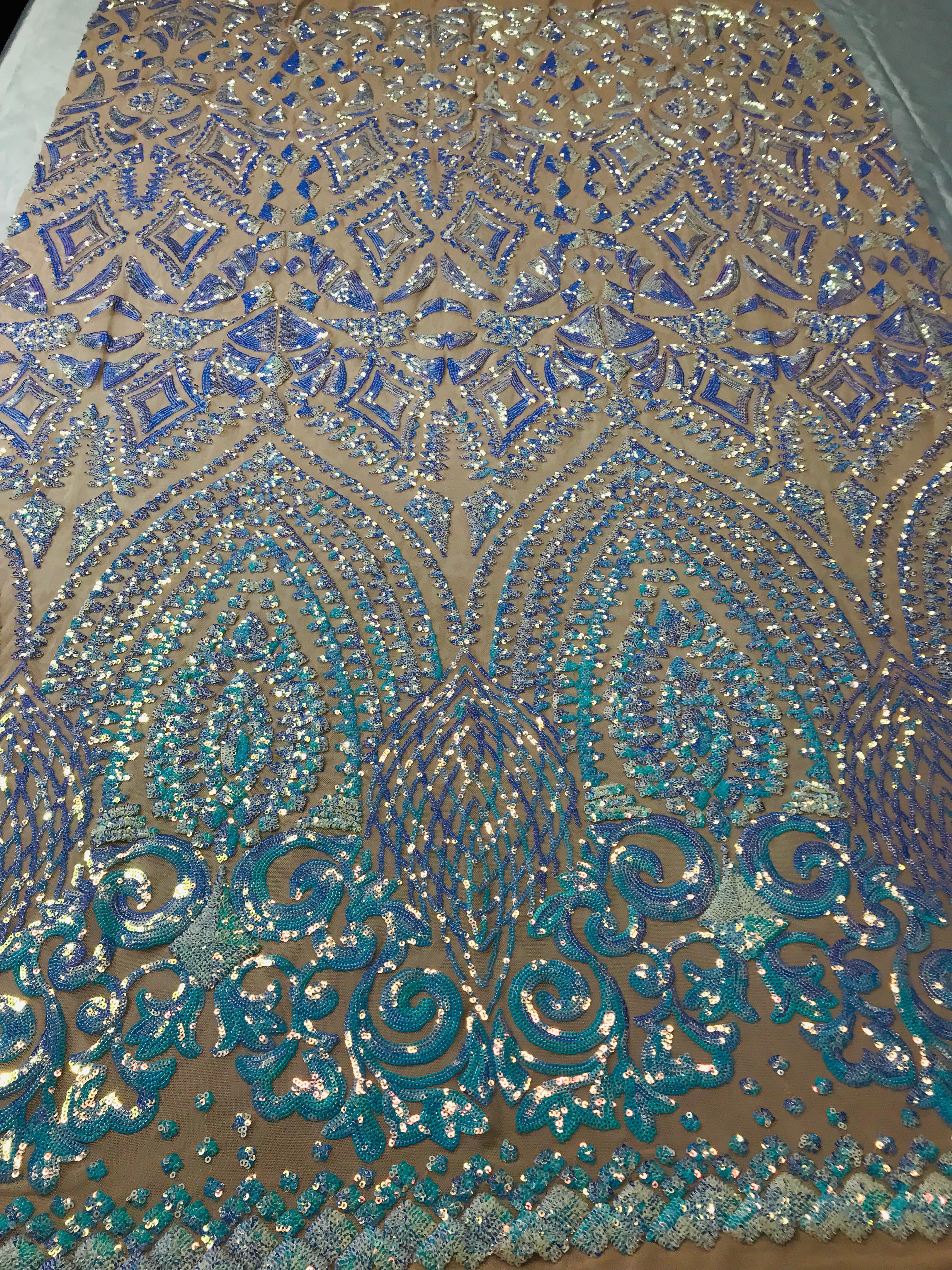 Shiny Pattern Sequins - Iridescent Aqua - 4 Way Stretch Multi Pattern Net Design Fashion Fabric