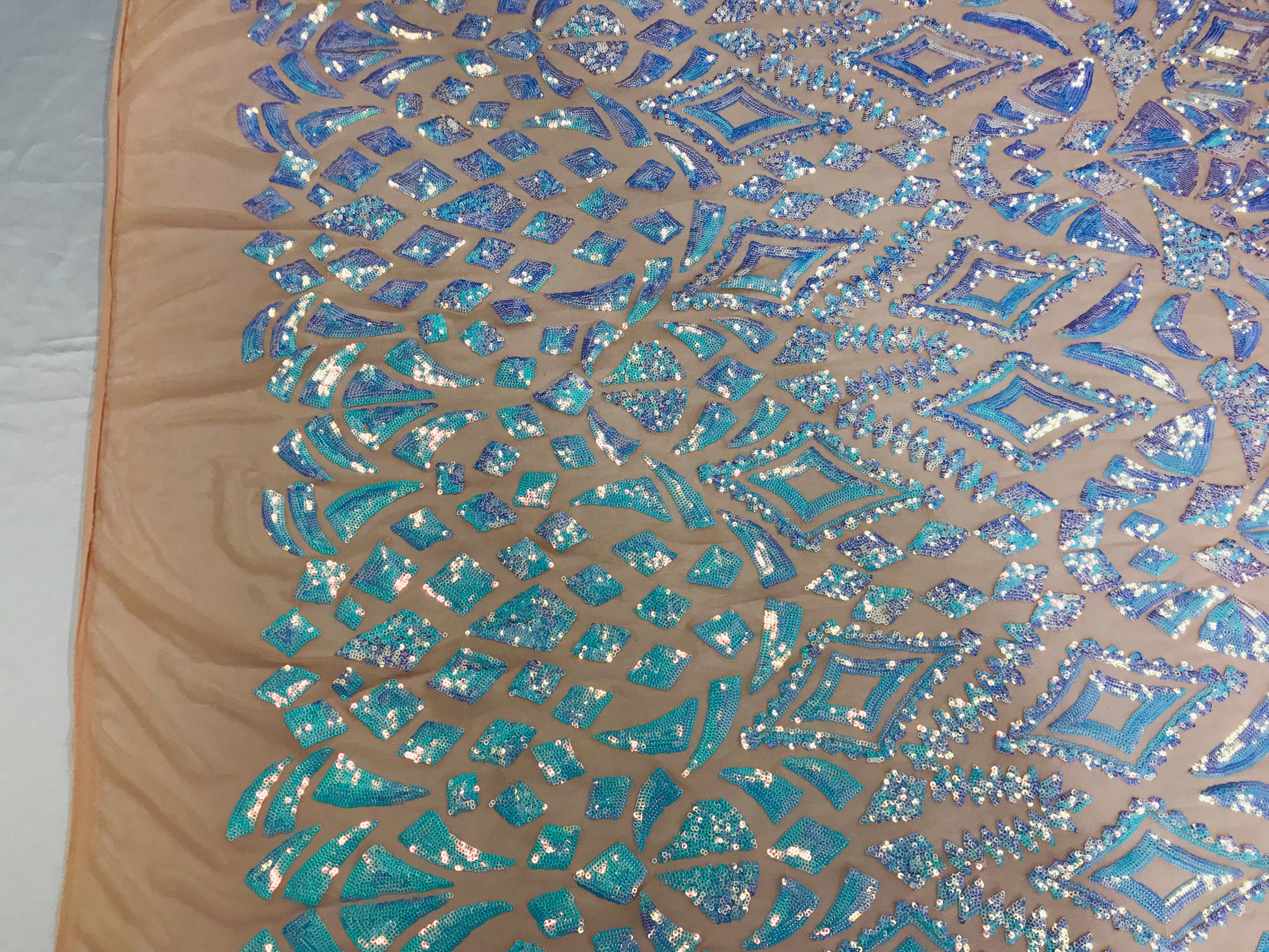 Shiny Pattern Sequins - Iridescent Aqua - 4 Way Stretch Multi Pattern Net Design Fashion Fabric