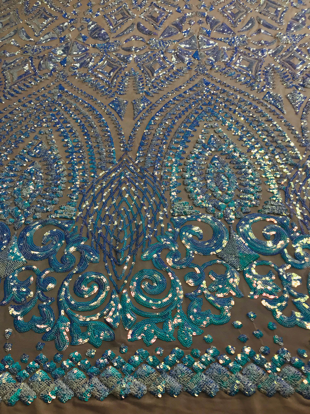 Shiny Pattern Sequins - Iridescent Aqua - 4 Way Stretch Multi Pattern Net Design Fashion Fabric
