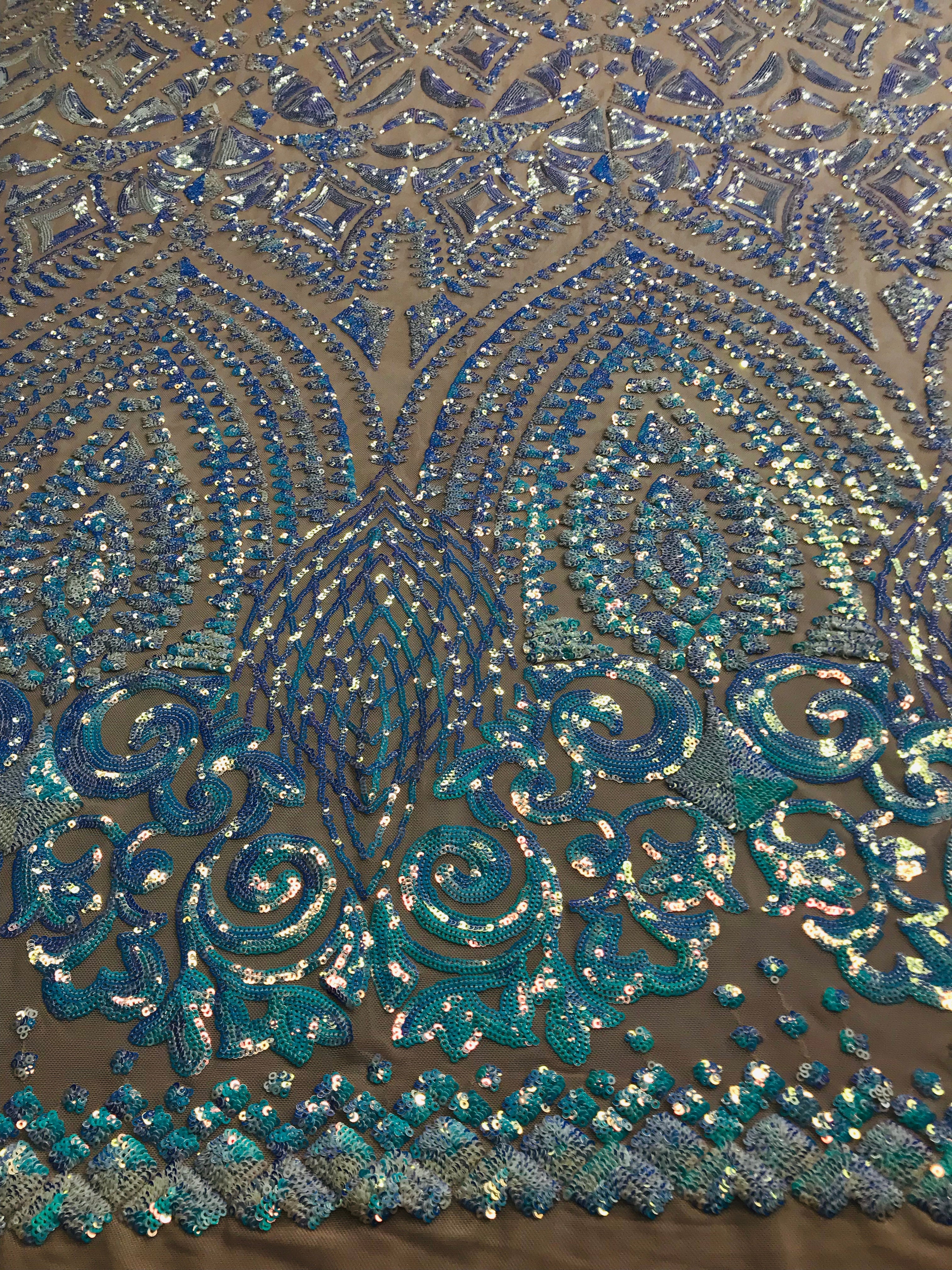 Shiny Pattern Sequins - Iridescent Aqua - 4 Way Stretch Multi Pattern Net Design Fashion Fabric