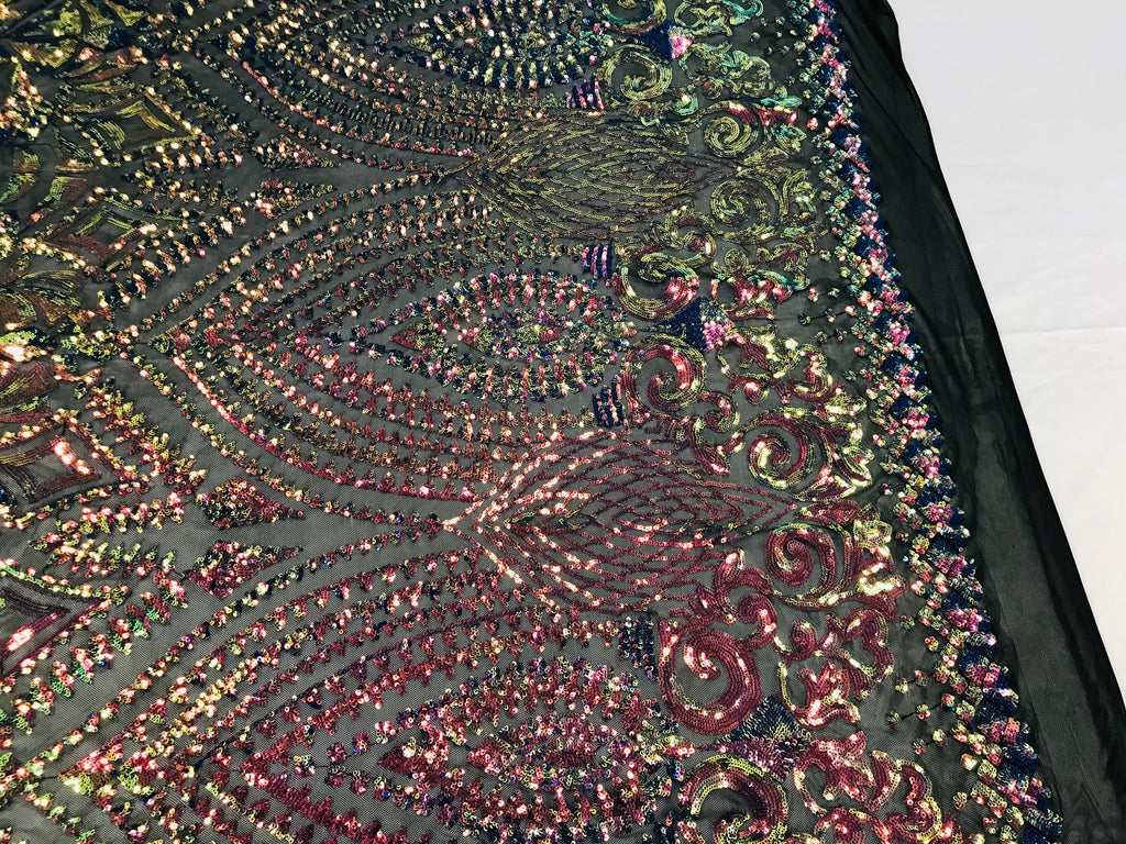Shiny Pattern Sequins - Iridescent Rainbow - 4 Way Stretch Multi Pattern Net Design Fashion Fabric