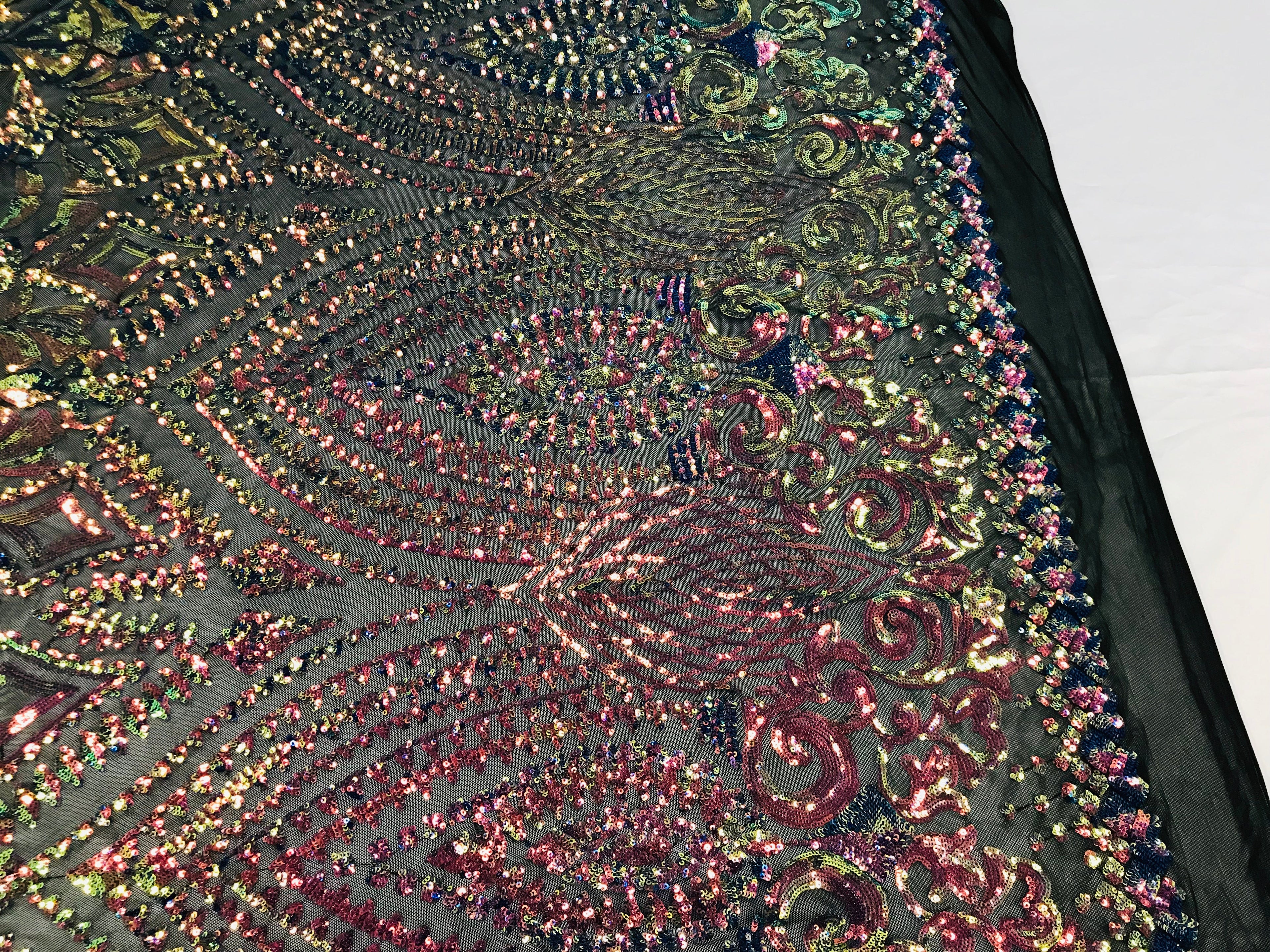 Shiny Pattern Sequins - Iridescent Rainbow - 4 Way Stretch Multi Pattern Net Design Fashion Fabric