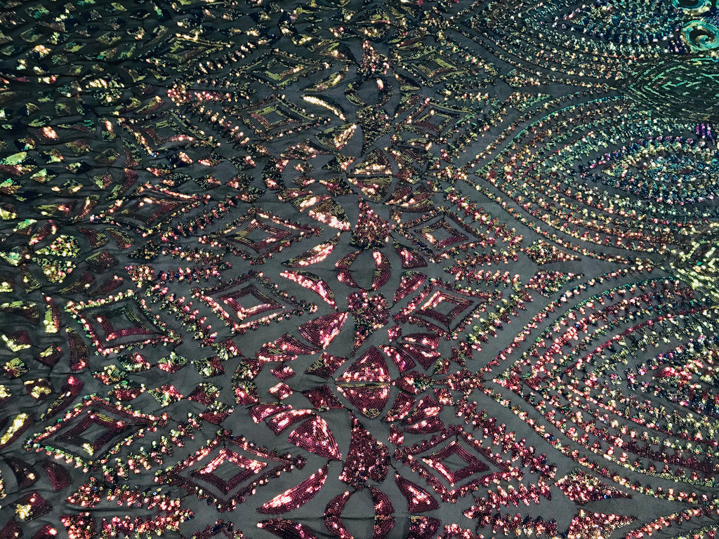 Shiny Pattern Sequins - Iridescent Rainbow - 4 Way Stretch Multi Pattern Net Design Fashion Fabric