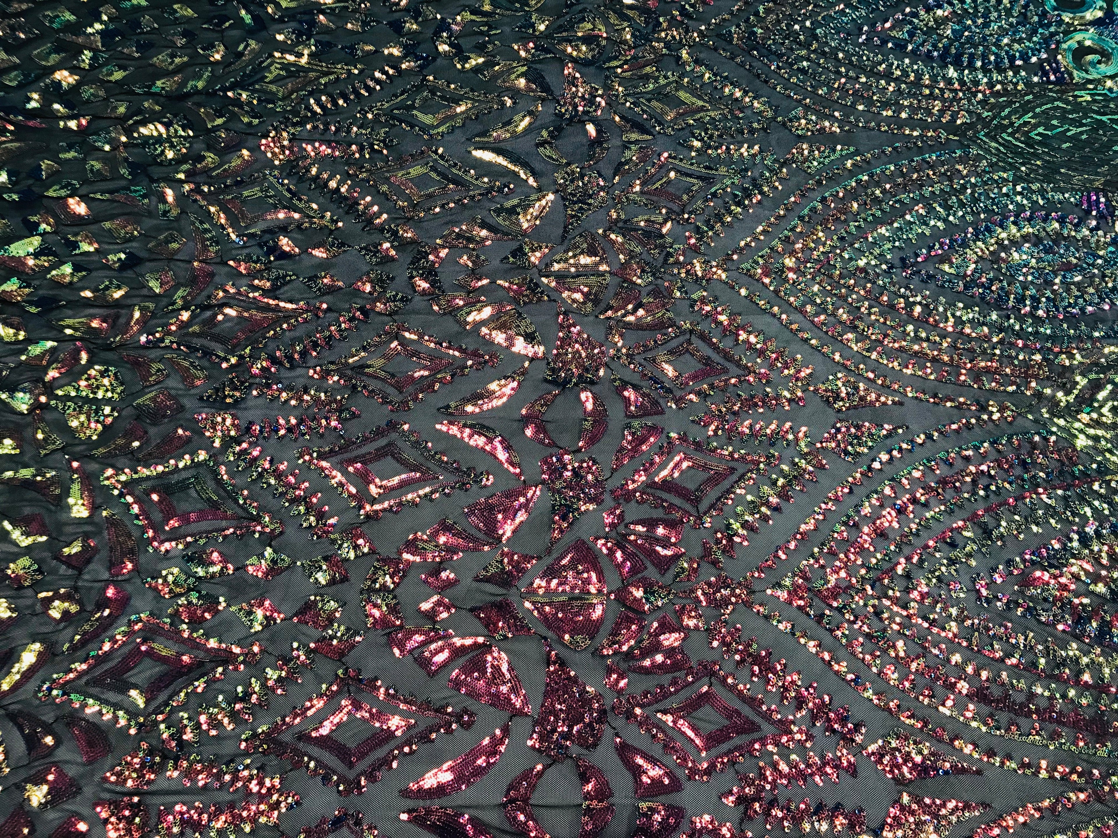 Shiny Pattern Sequins - Iridescent Rainbow - 4 Way Stretch Multi Pattern Net Design Fashion Fabric