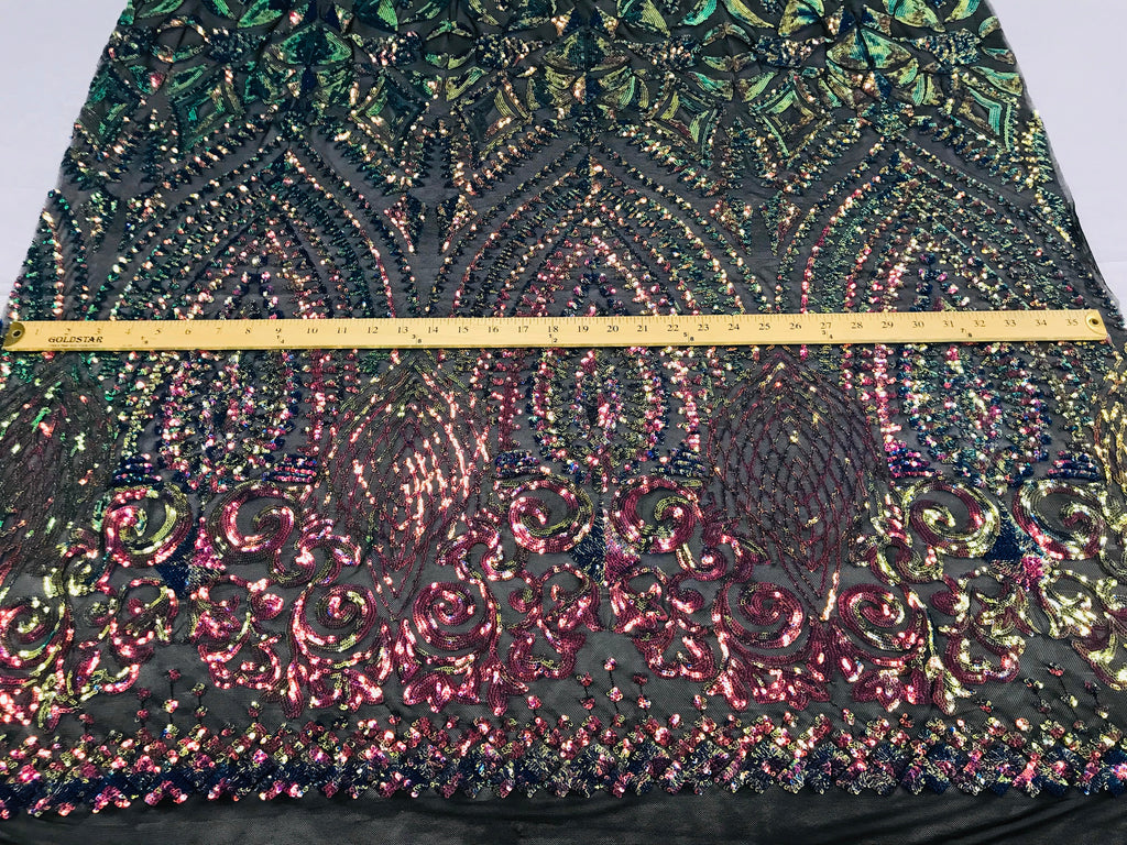 Shiny Pattern Sequins - Iridescent Rainbow - 4 Way Stretch Multi Pattern Net Design Fashion Fabric