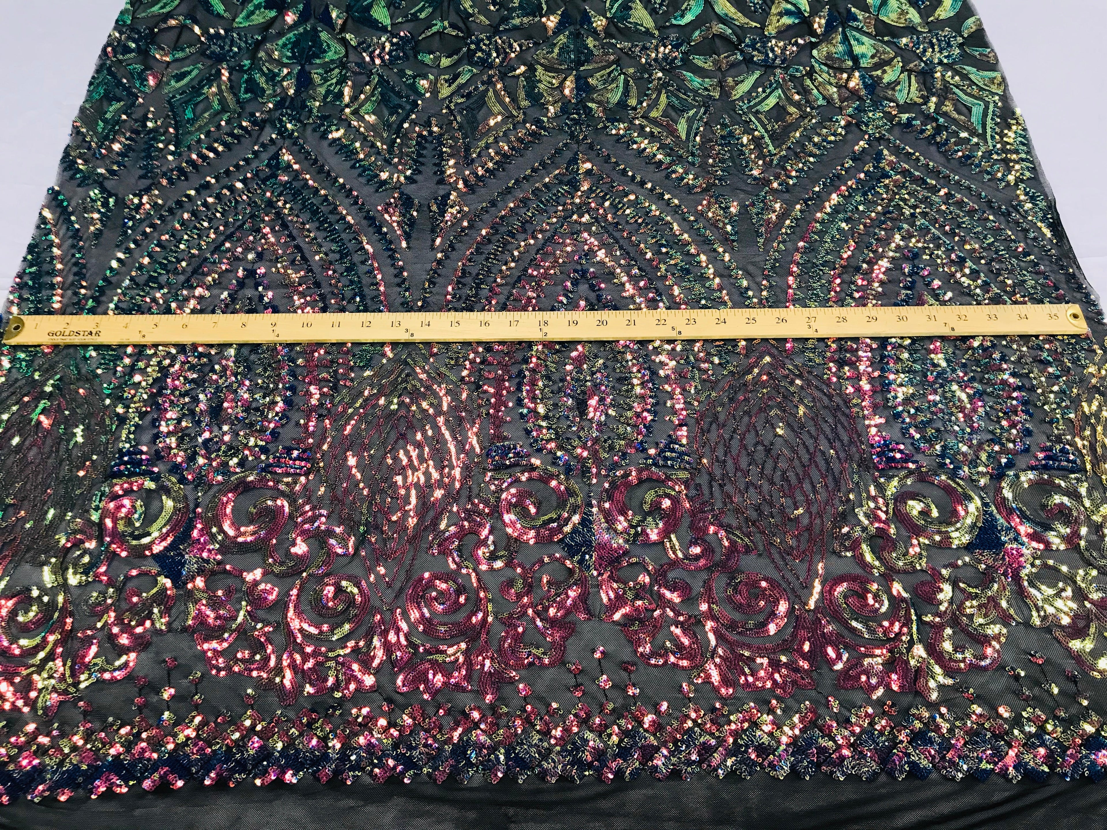 Shiny Pattern Sequins - Iridescent Rainbow - 4 Way Stretch Multi Pattern Net Design Fashion Fabric