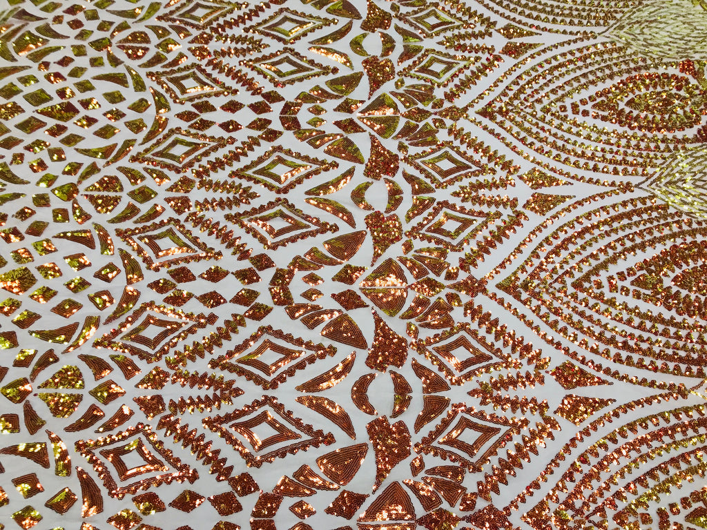 Shiny Pattern Sequins - Iridescent Orange / Nude Mesh 4 Way Stretch Multi Pattern Net Design Fabric