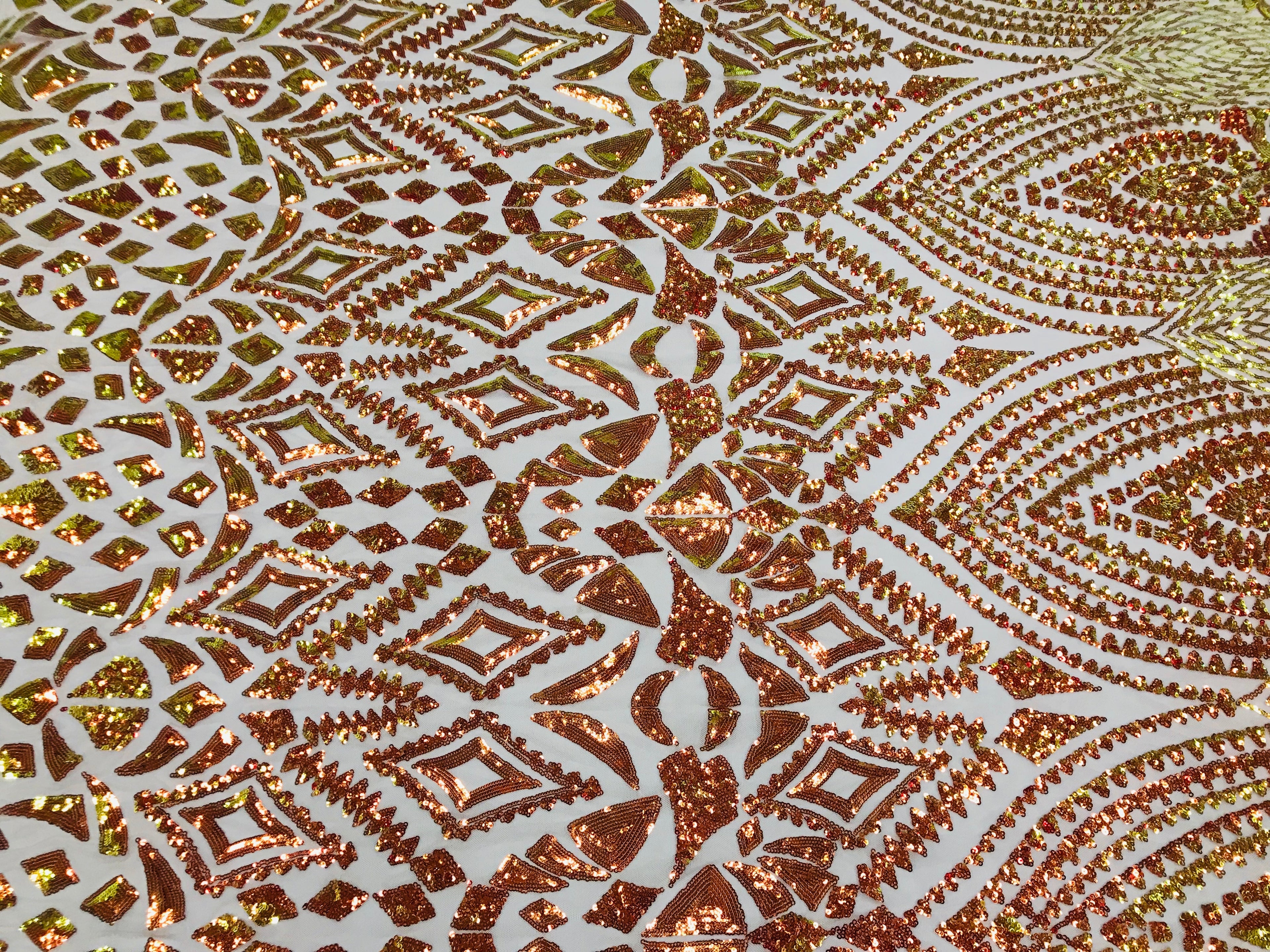 Shiny Pattern Sequins - Iridescent Orange / Nude Mesh 4 Way Stretch Multi Pattern Net Design Fabric