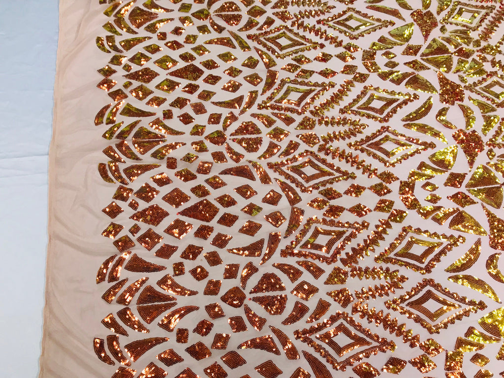 Shiny Pattern Sequins - Iridescent Orange / Nude Mesh 4 Way Stretch Multi Pattern Net Design Fabric
