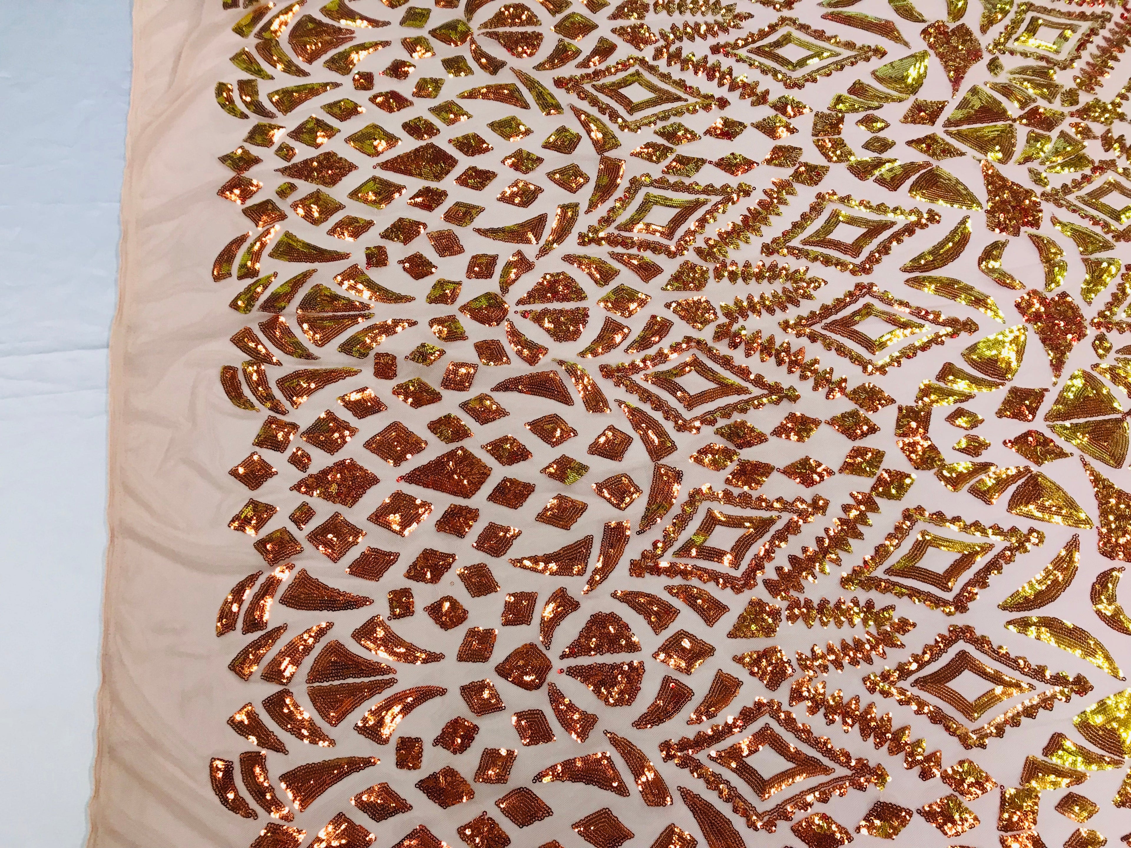 Shiny Pattern Sequins - Iridescent Orange / Nude Mesh 4 Way Stretch Multi Pattern Net Design Fabric
