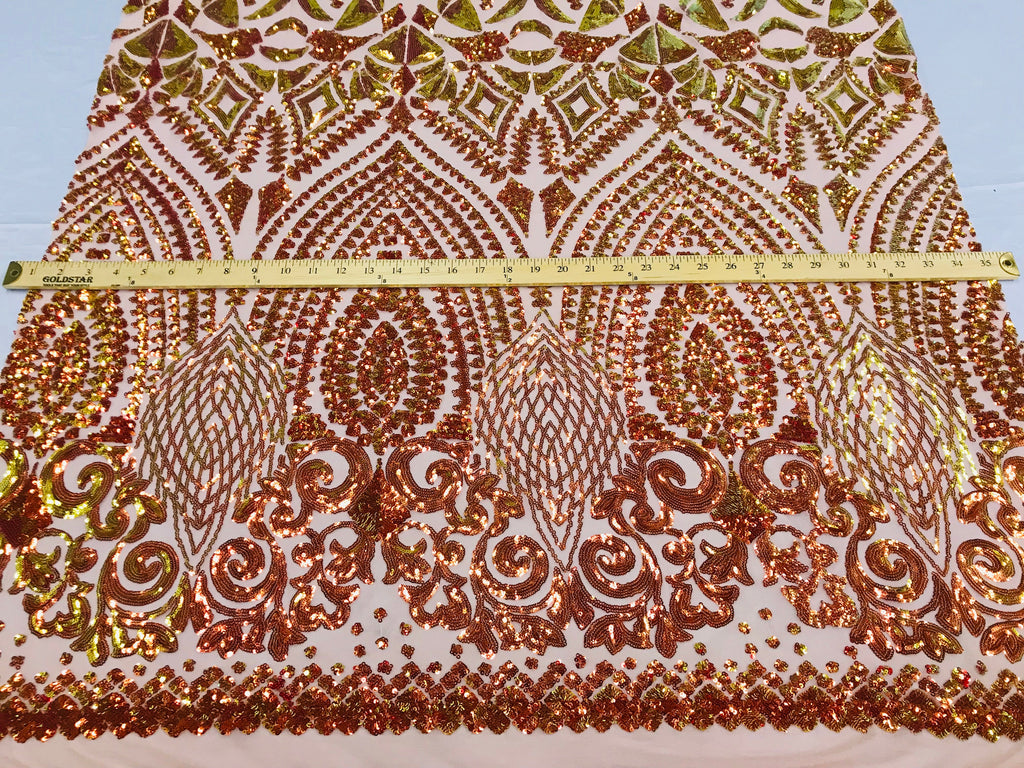 Shiny Pattern Sequins - Iridescent Orange / Nude Mesh 4 Way Stretch Multi Pattern Net Design Fabric