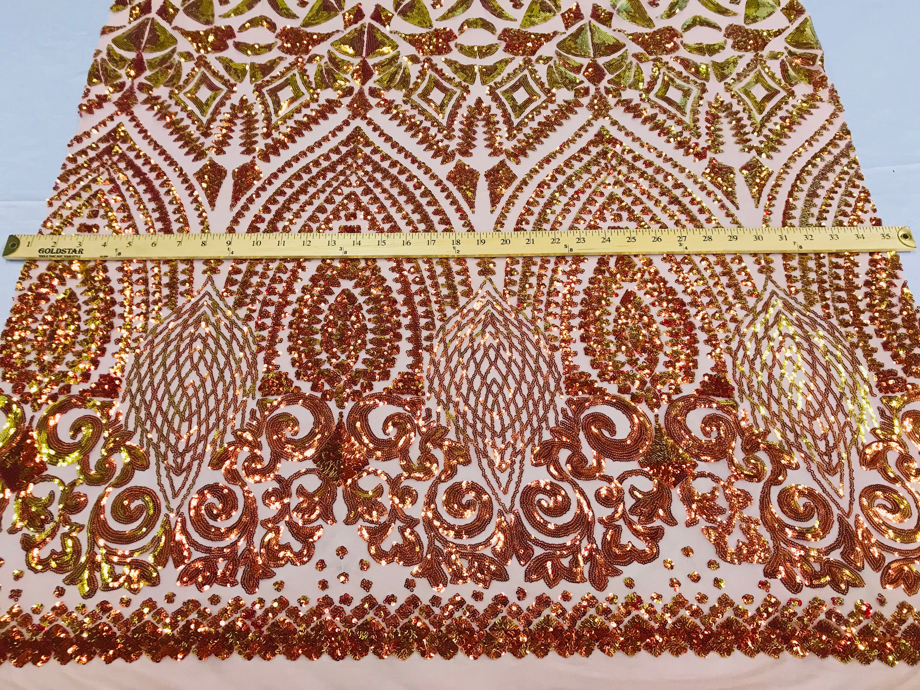 Shiny Pattern Sequins - Iridescent Orange / Nude Mesh 4 Way Stretch Multi Pattern Net Design Fabric