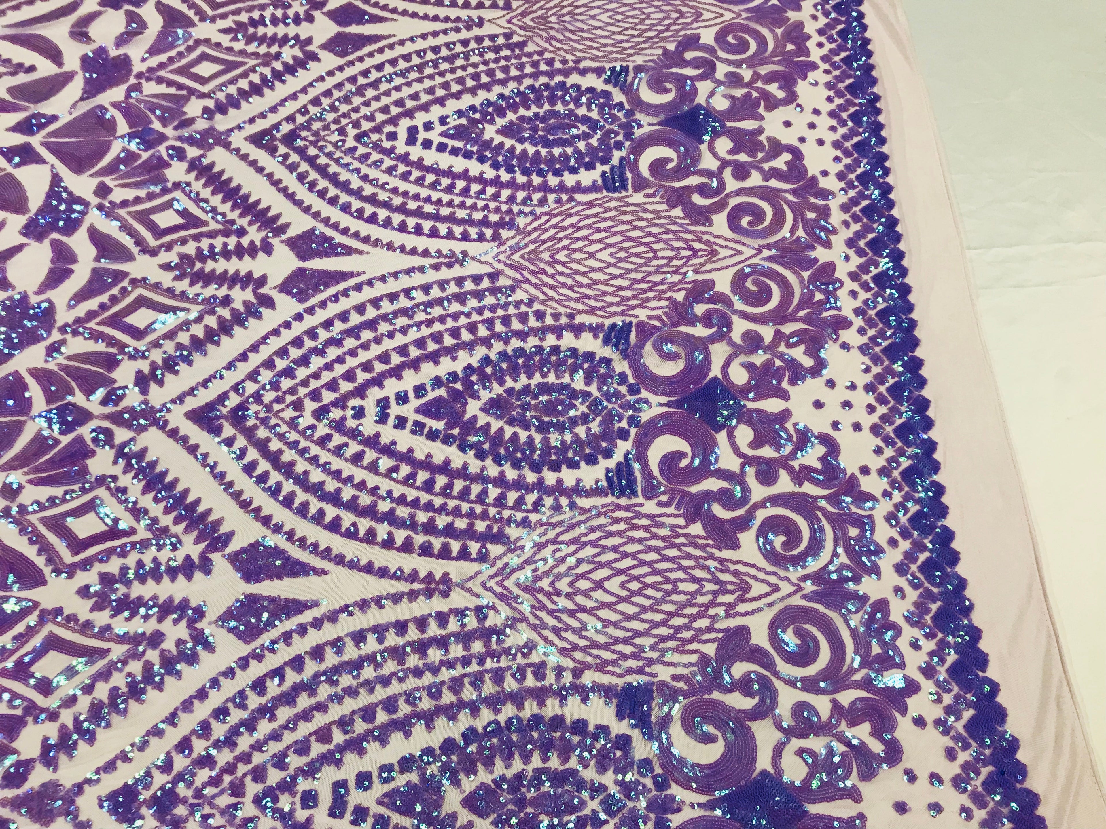 Shiny Pattern Sequins - Iridescent Lilac - 4 Way Stretch Multi Pattern Net Design Fashion Fabric