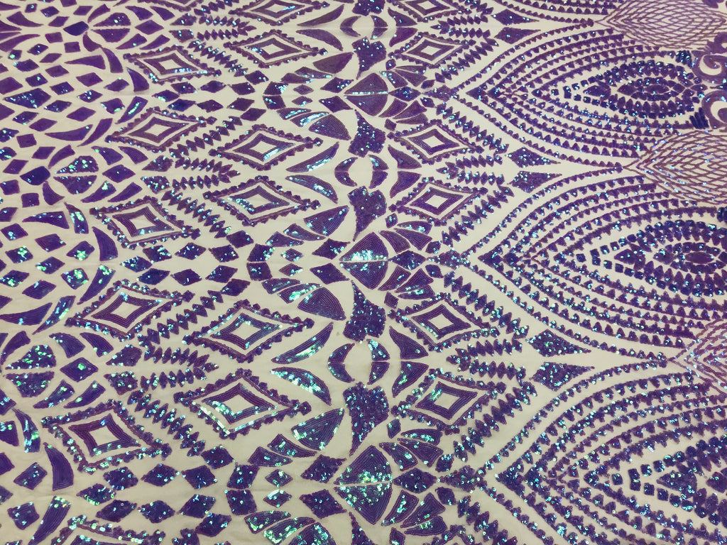 Shiny Pattern Sequins - Iridescent Lilac - 4 Way Stretch Multi Pattern Net Design Fashion Fabric