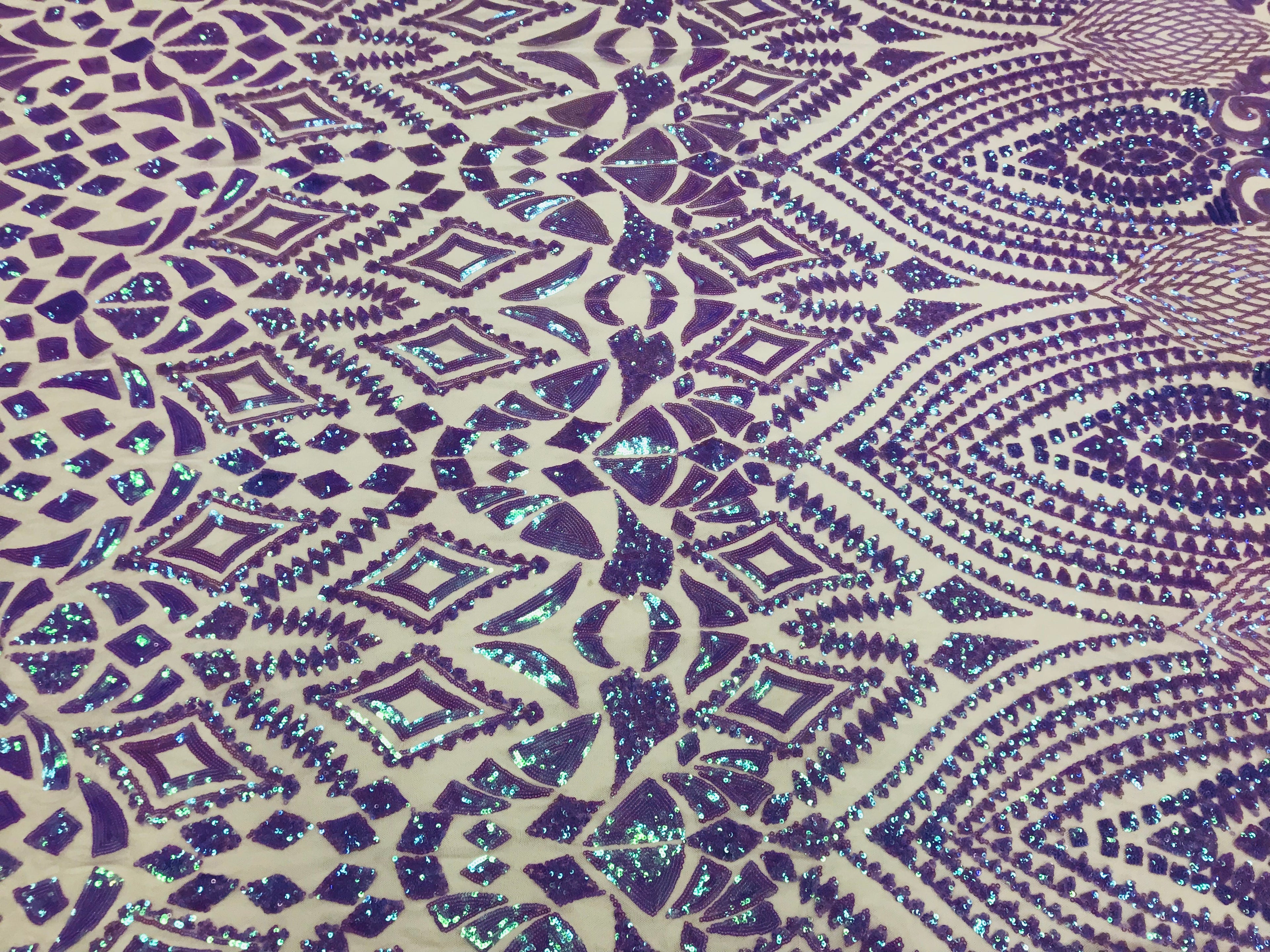 Shiny Pattern Sequins - Iridescent Lilac - 4 Way Stretch Multi Pattern Net Design Fashion Fabric