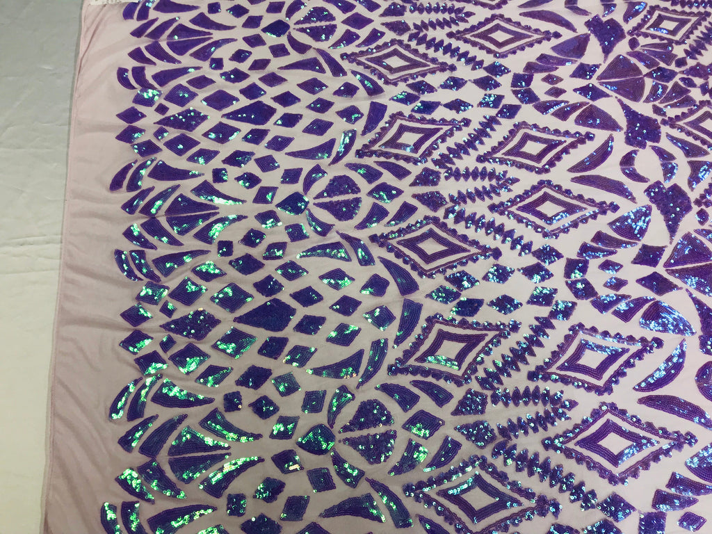 Shiny Pattern Sequins - Iridescent Lilac - 4 Way Stretch Multi Pattern Net Design Fashion Fabric
