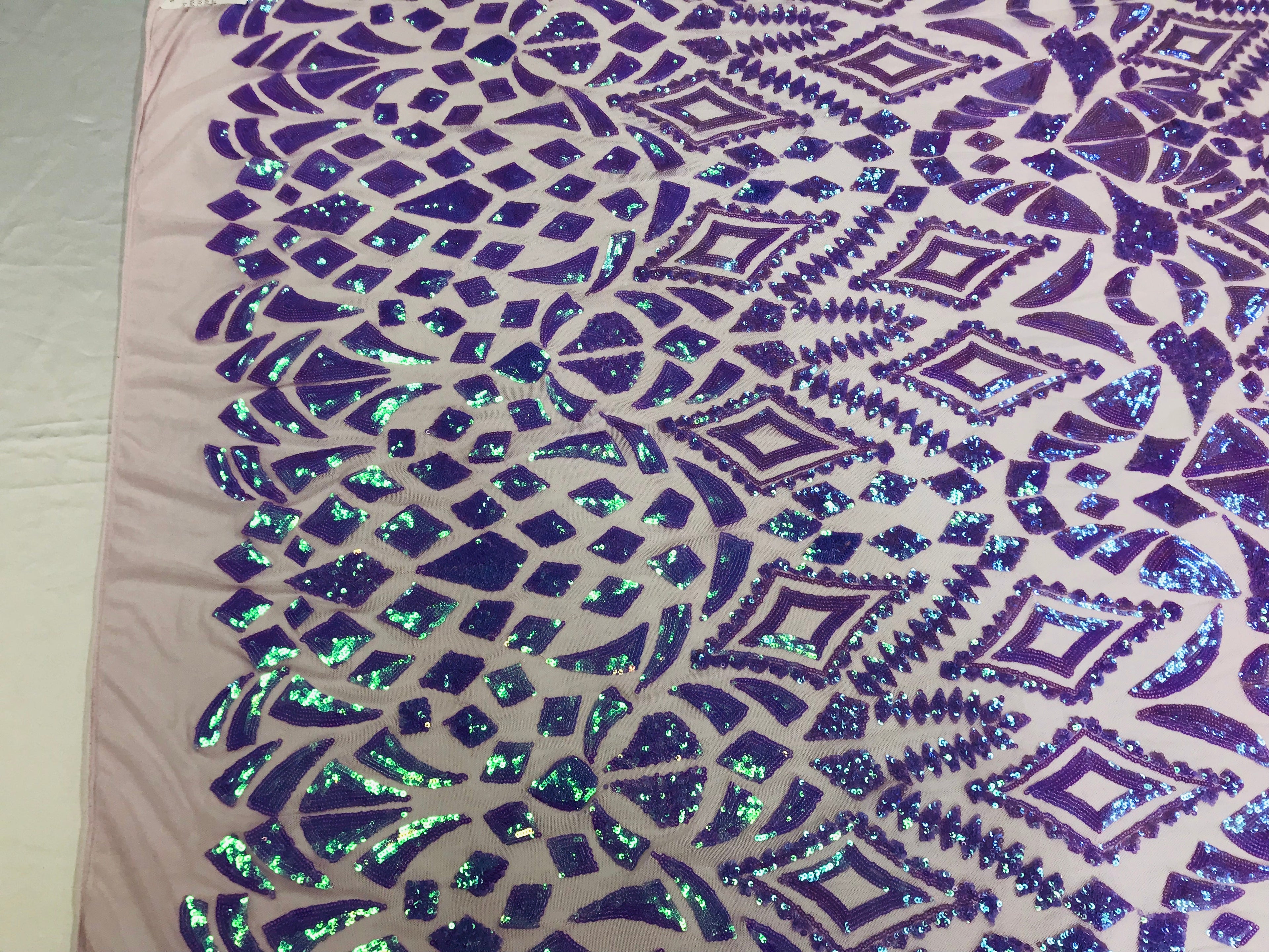 Shiny Pattern Sequins - Iridescent Lilac - 4 Way Stretch Multi Pattern Net Design Fashion Fabric