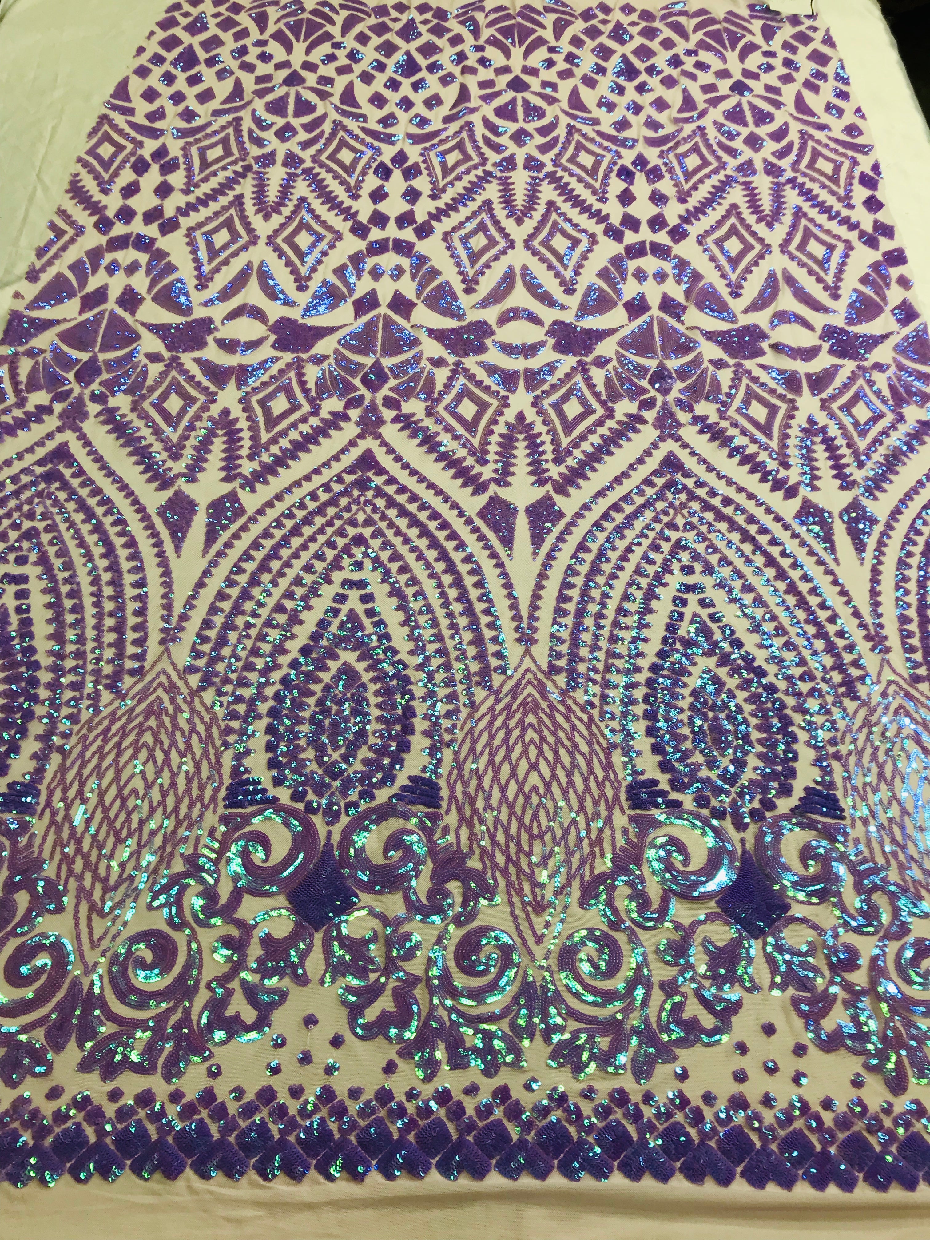 Shiny Pattern Sequins - Iridescent Lilac - 4 Way Stretch Multi Pattern Net Design Fashion Fabric