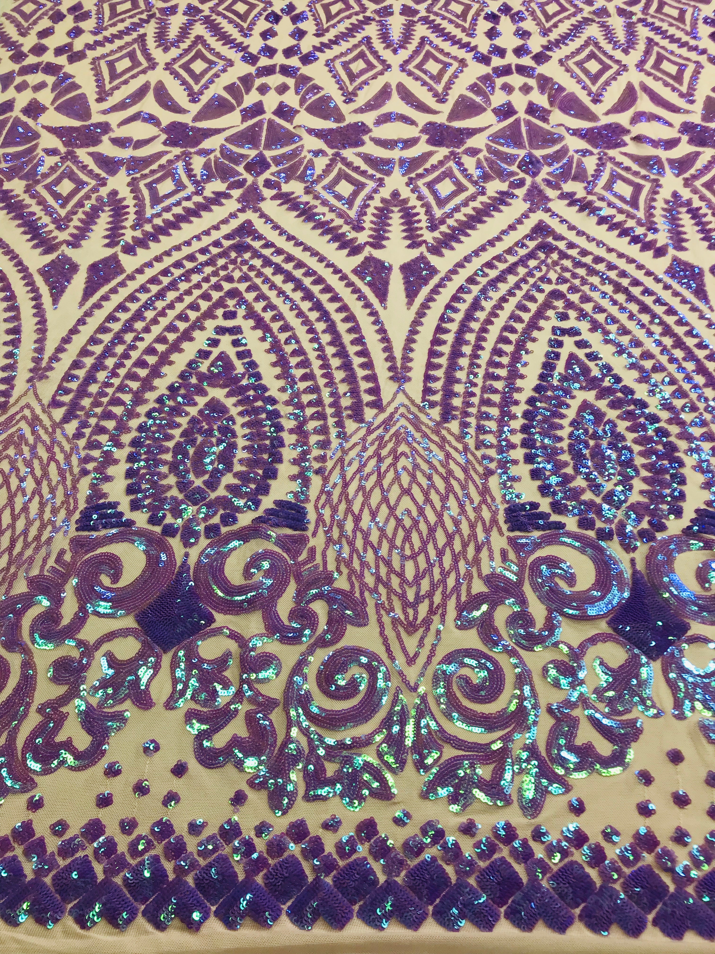 Shiny Pattern Sequins - Iridescent Lilac - 4 Way Stretch Multi Pattern Net Design Fashion Fabric