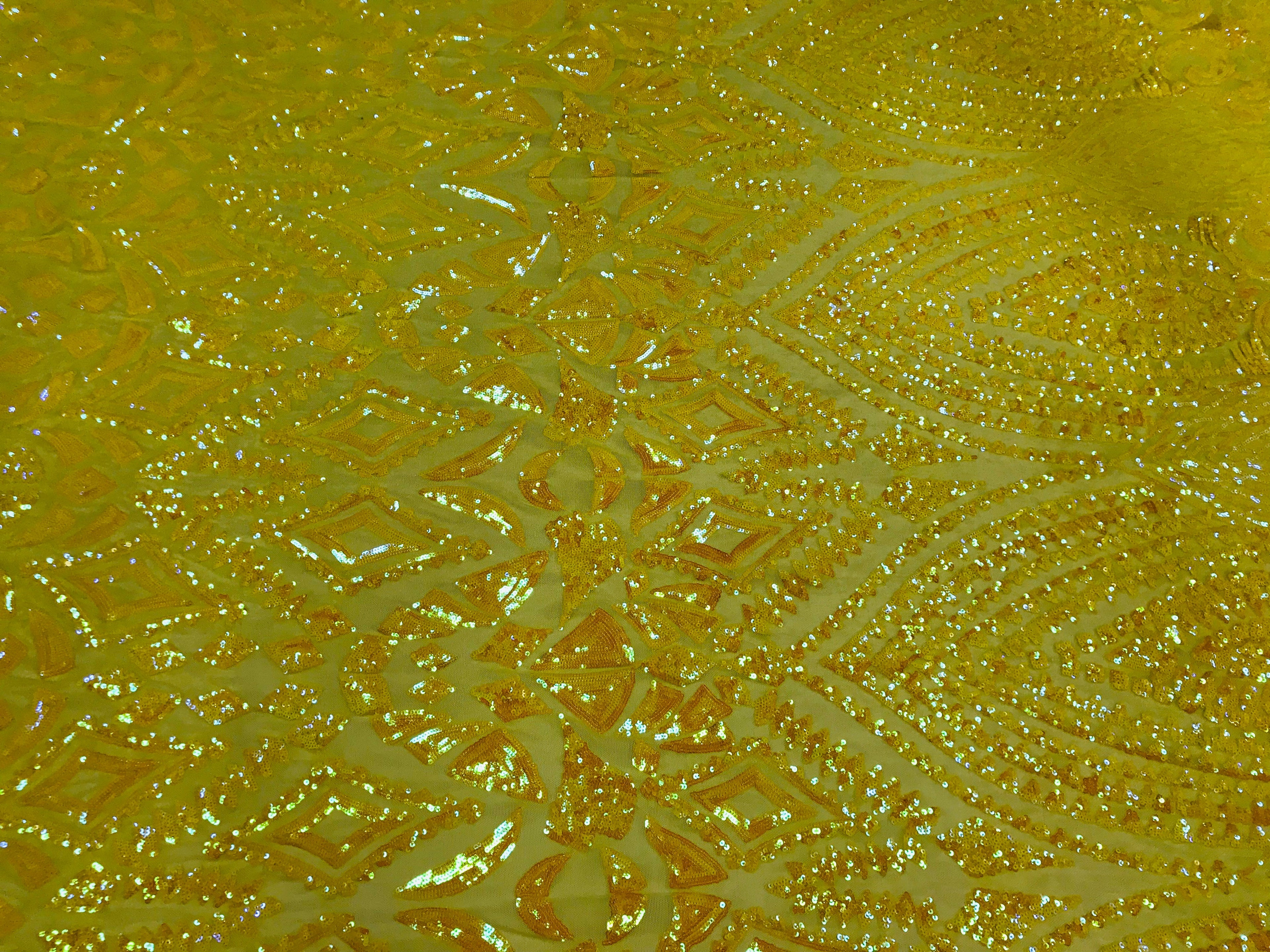 Shiny Pattern Sequins - Yellow - 4 Way Stretch Multi Pattern Net Design Fashion Fabric