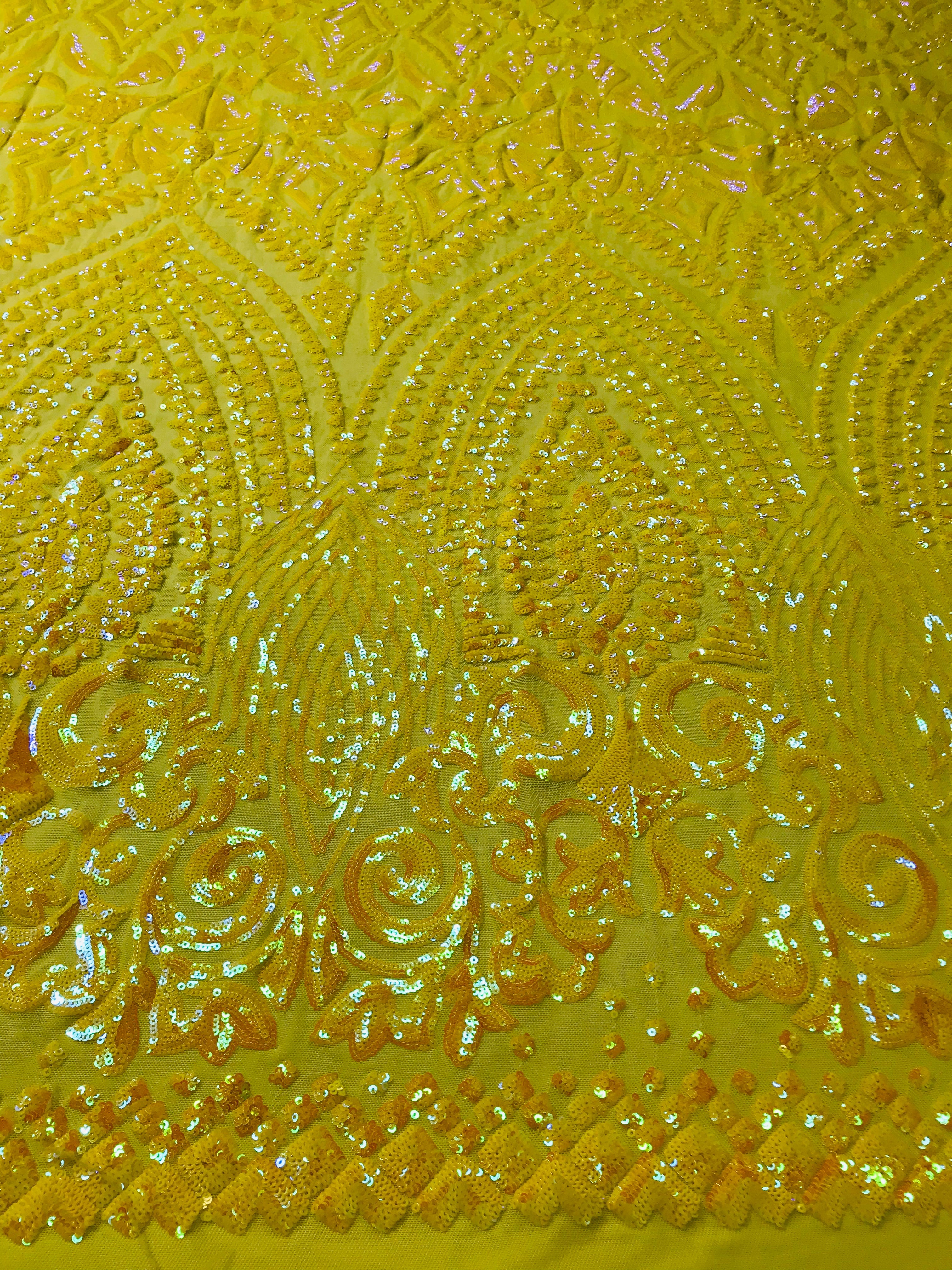Shiny Pattern Sequins - Yellow - 4 Way Stretch Multi Pattern Net Design Fashion Fabric