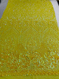 Shiny Pattern Sequins - Yellow - 4 Way Stretch Multi Pattern Net Design Fashion Fabric