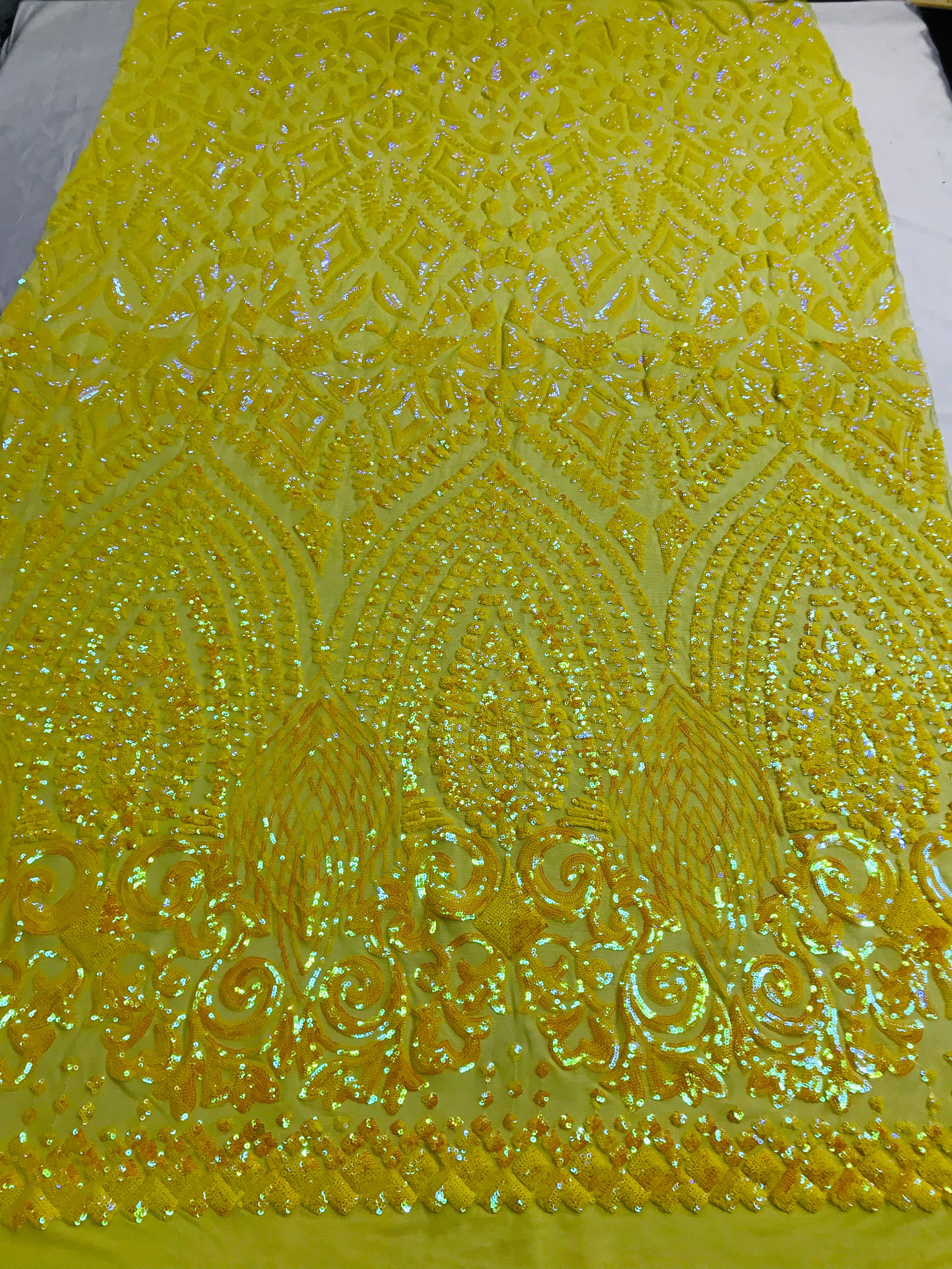 Shiny Pattern Sequins - Yellow - 4 Way Stretch Multi Pattern Net Design Fashion Fabric